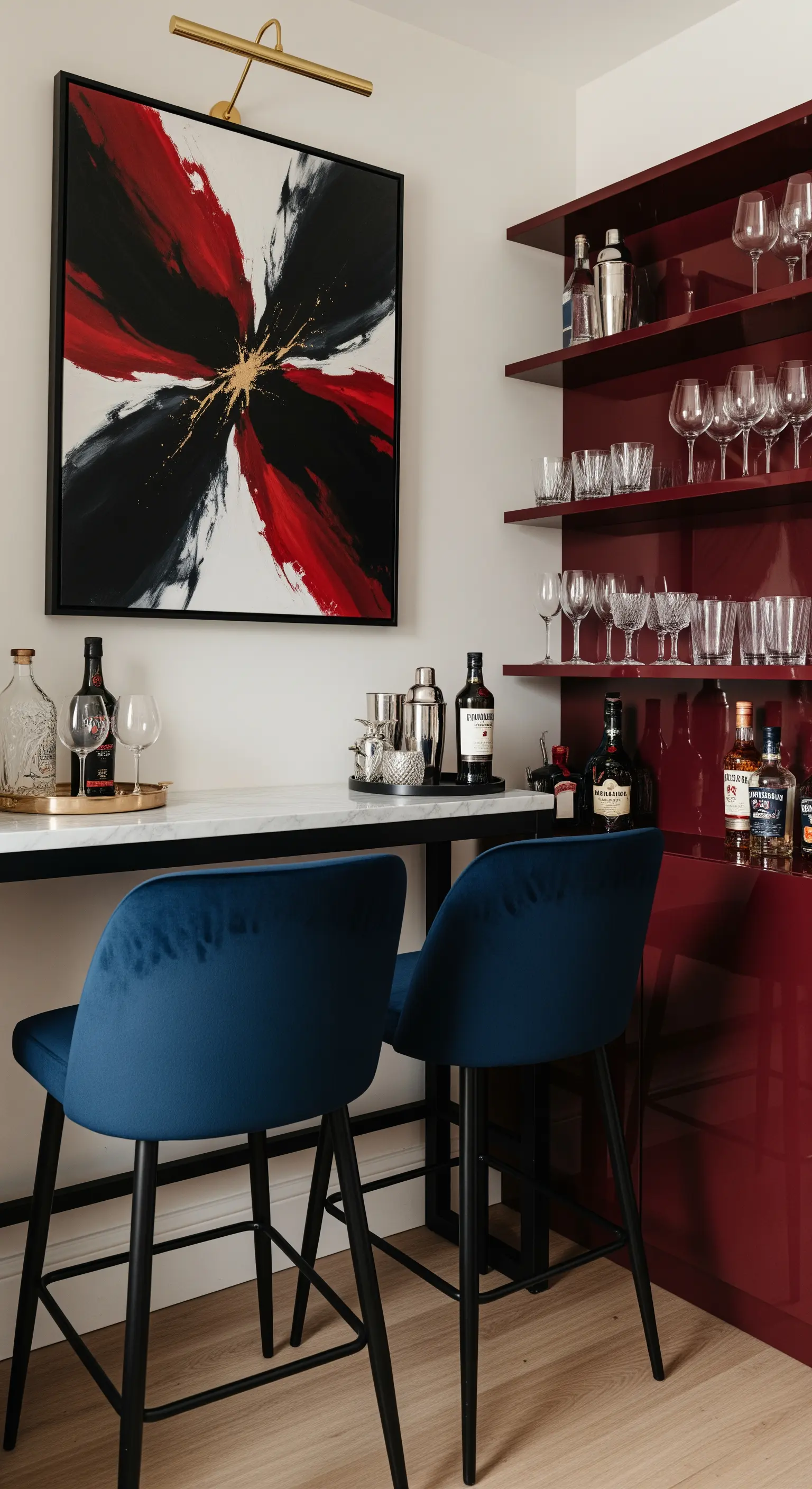 Angolo bar con mobili laccati bordeaux, sgabelli in velluto blu e quadro astratto.