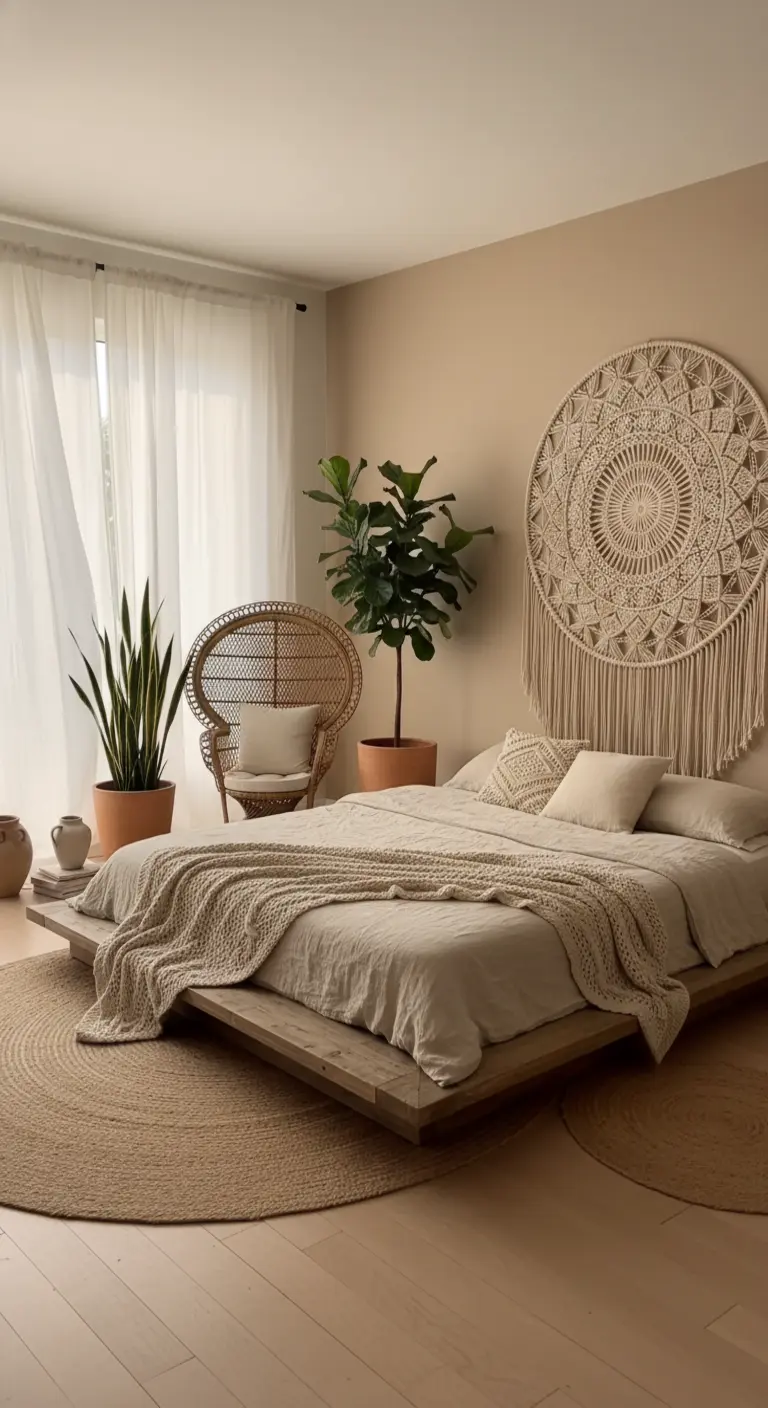 Camera da letto boho con grande arazzo in macramè e letto basso in legno.