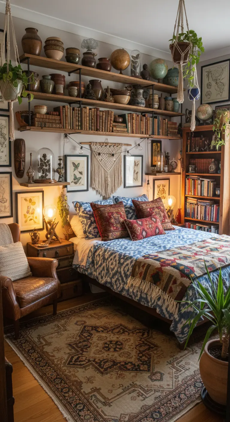 Stanza piena di mensole a muro con libri, vasi e oggetti da collezione.