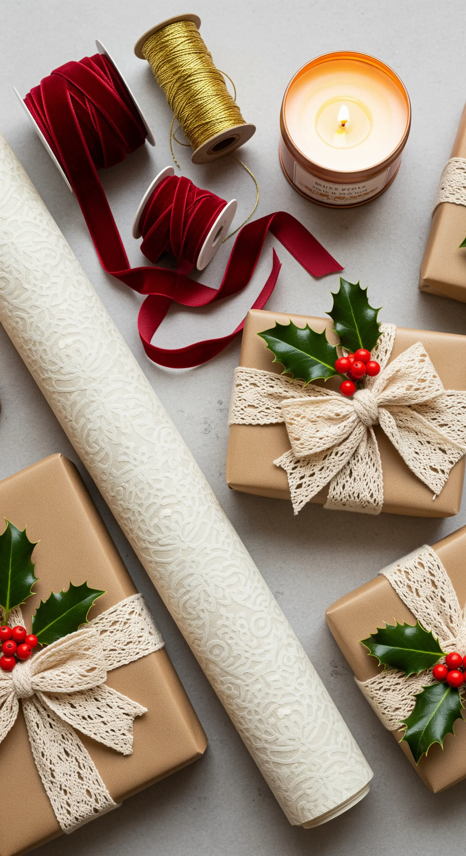Pacchetti regalo con carta avana, decorati con nastri di pizzo e rametti di agrifoglio.