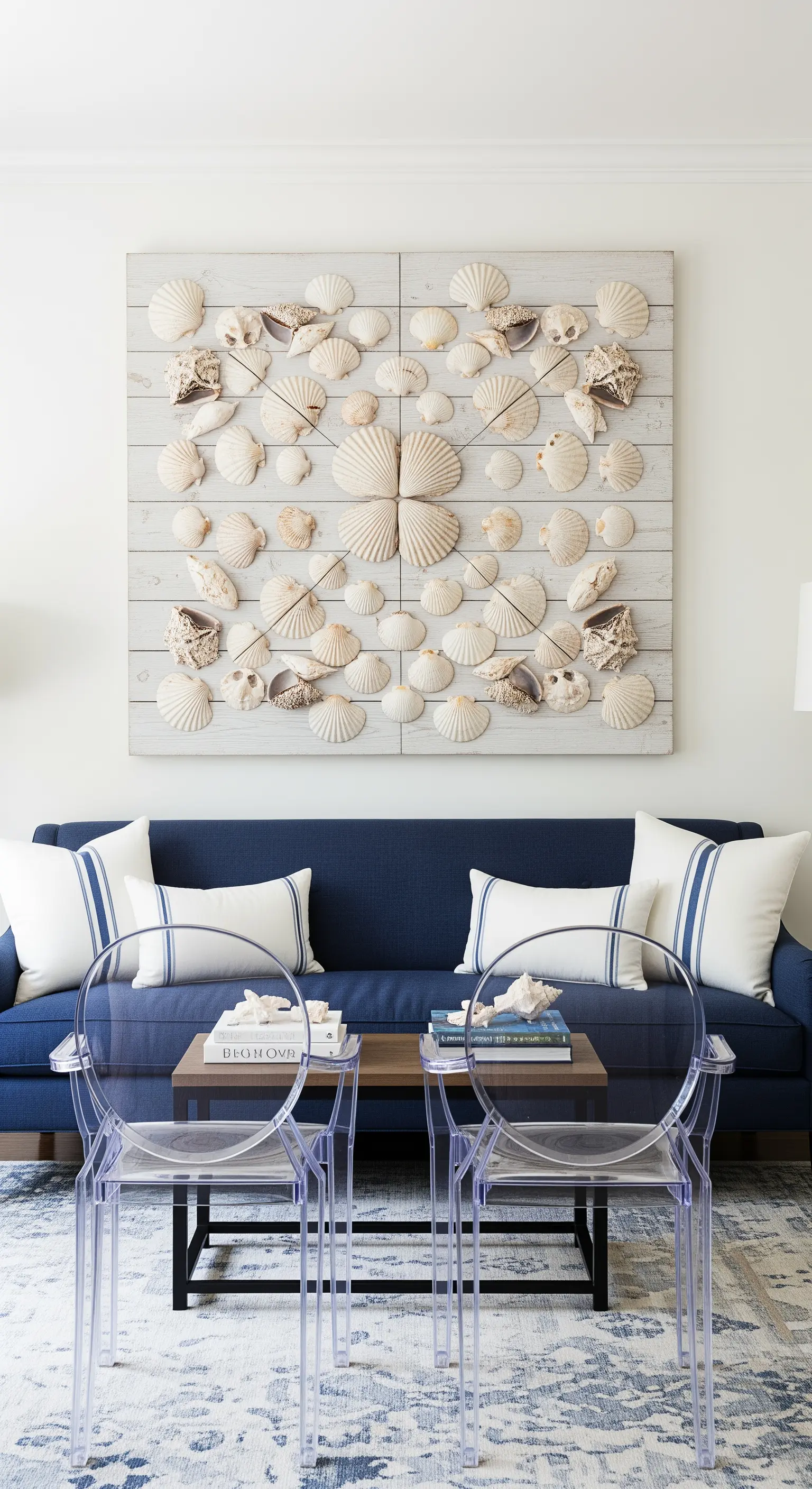 Grande pannello decorativo in legno e conchiglie sopra un divano blu.