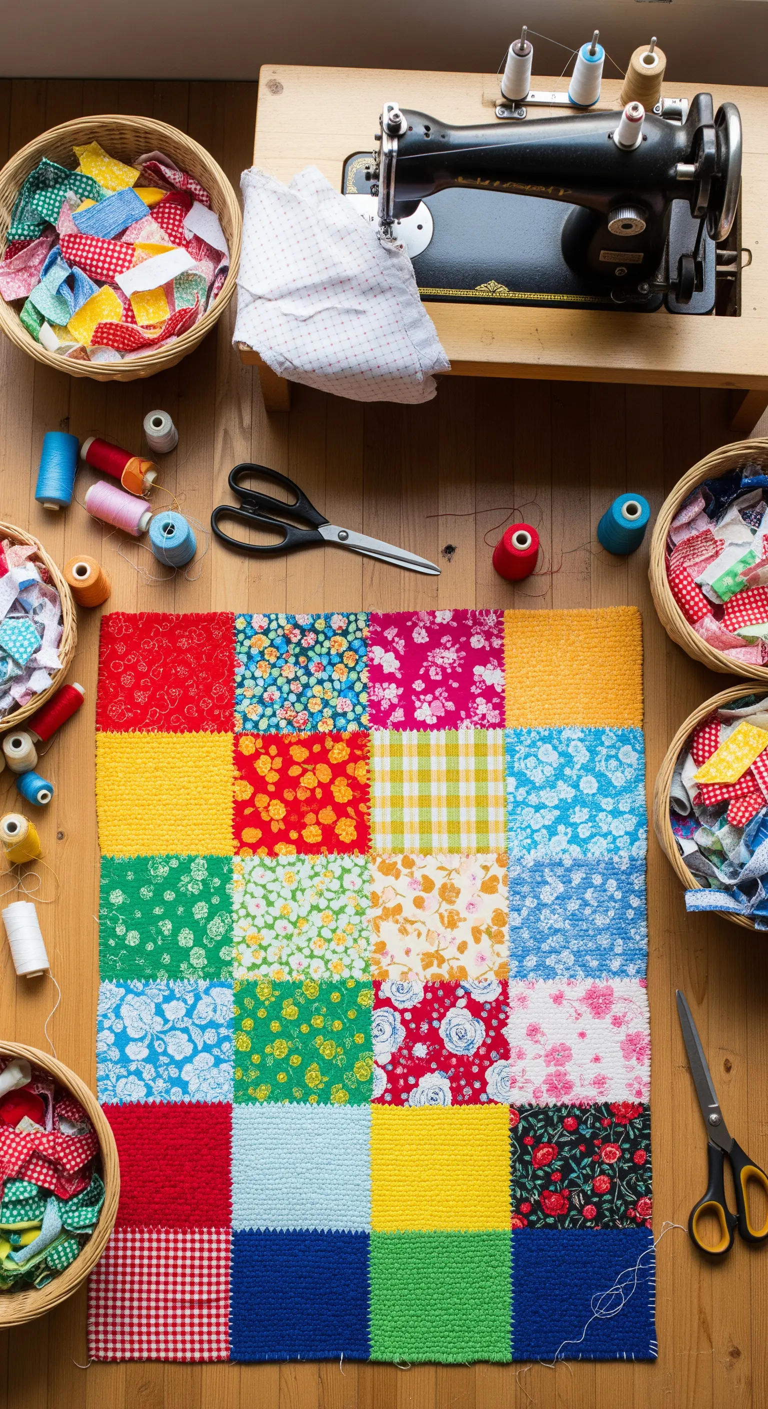 Postazione di lavoro con macchina da cucire, scampoli di tessuto colorati e un tappeto patchwork in fase di realizzazione