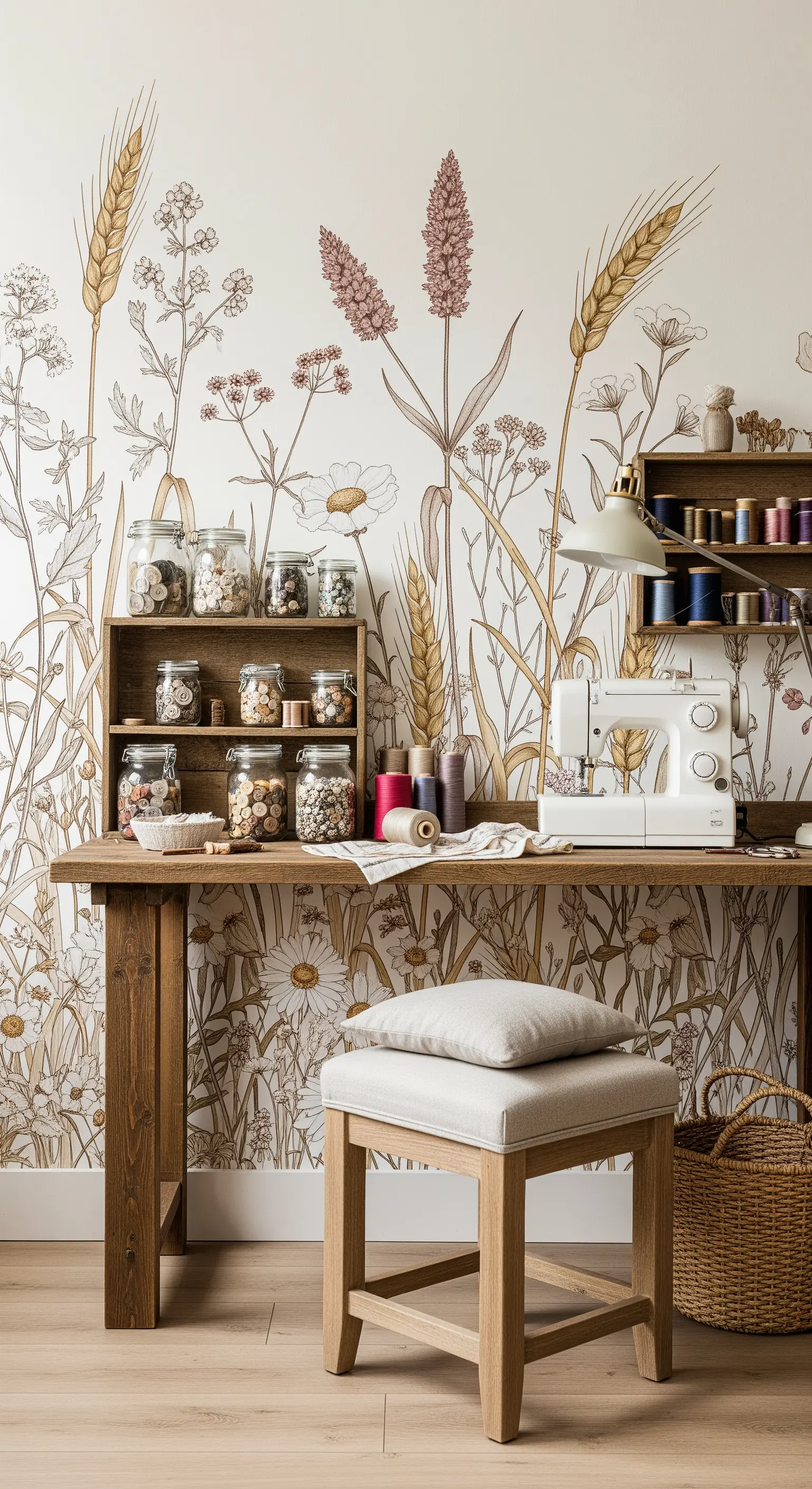 Postazione da cucito con scrivania in legno rustico e carta da parati con disegni di fiori di campo.