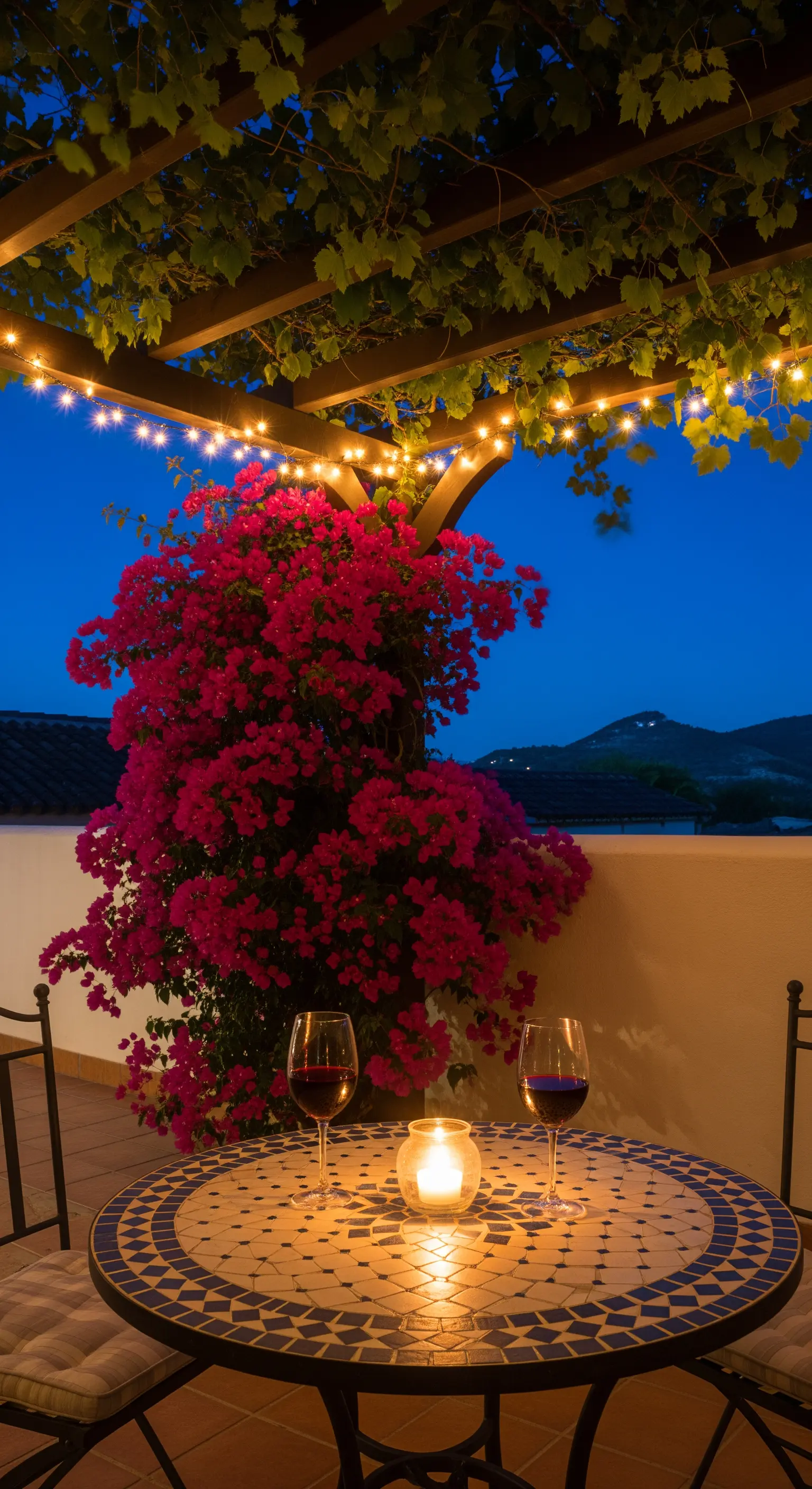 Serata romantica con tavolo in mosaico illuminato da una candela e calici di vino.