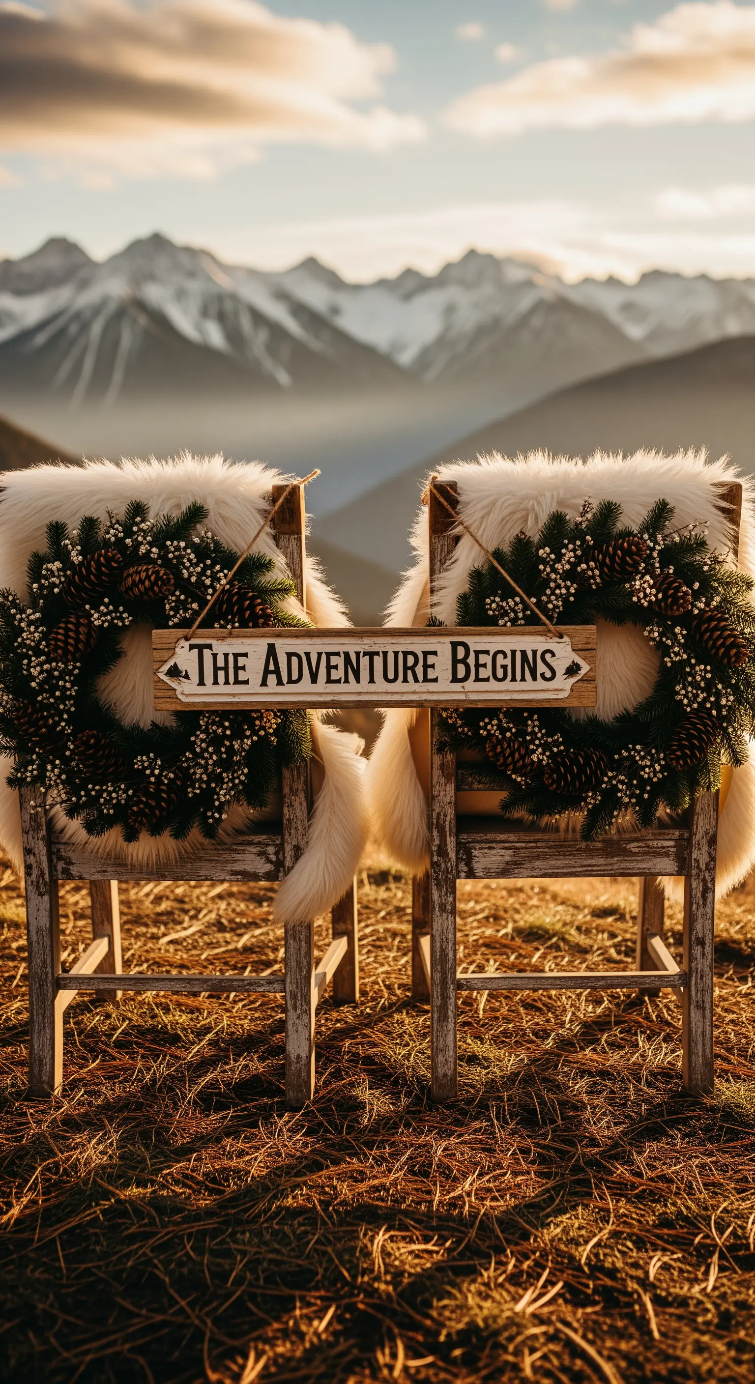 Sedie in legno con pelliccia, ghirlande di pigne e un'insegna 'The Adventure Begins'.