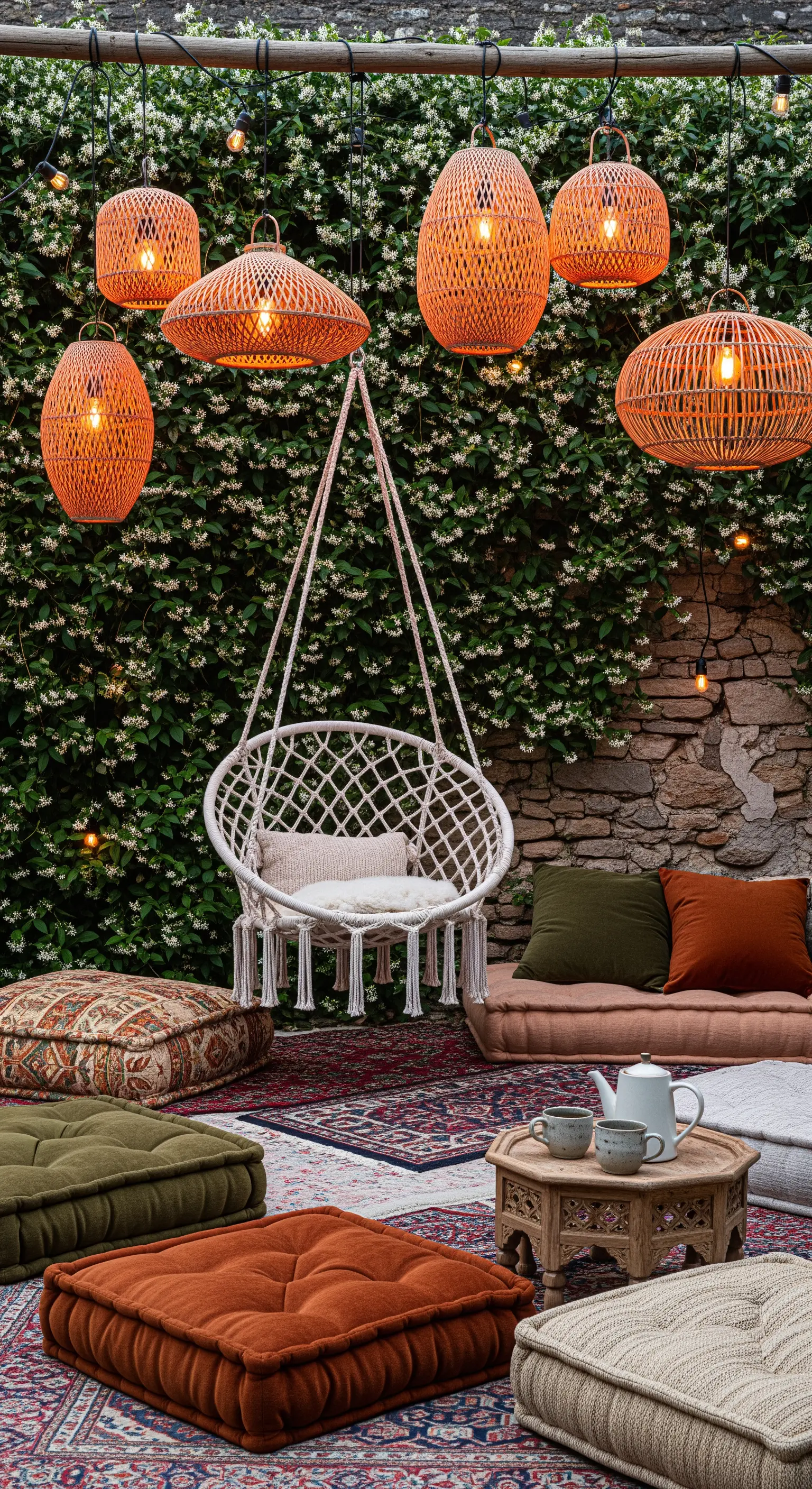 Angolo relax bohemien con sedia sospesa, cuscini a terra e lanterne in rattan.