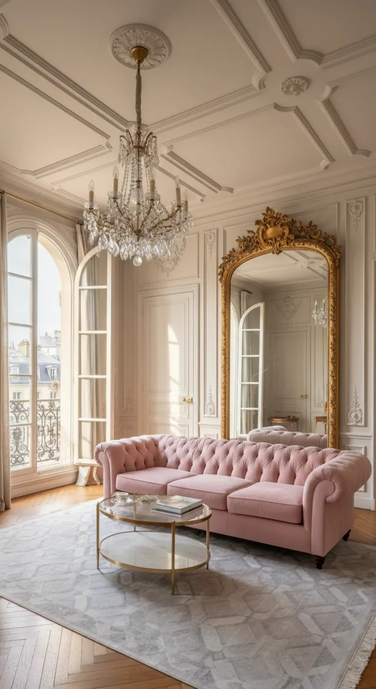 Grande specchio dorato antico appoggiato a una parete boiserie sopra un divano rosa.