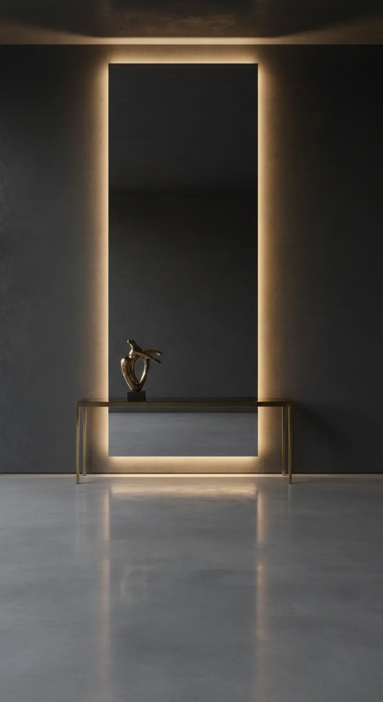Specchio rettangolare retroilluminato su parete scura con consolle in ottone.