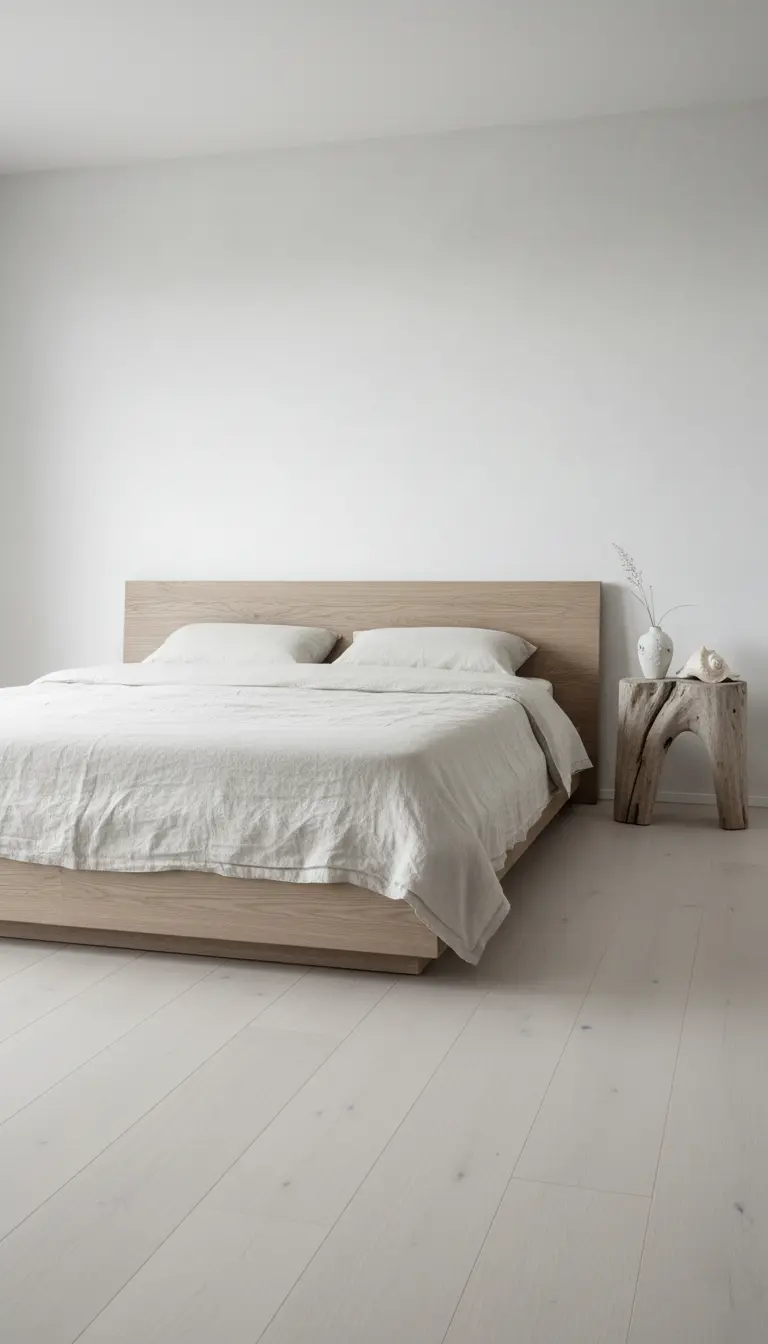 Letto basso in legno chiaro in una stanza minimalista con pavimento sbiancato e comodino di legno grezzo.