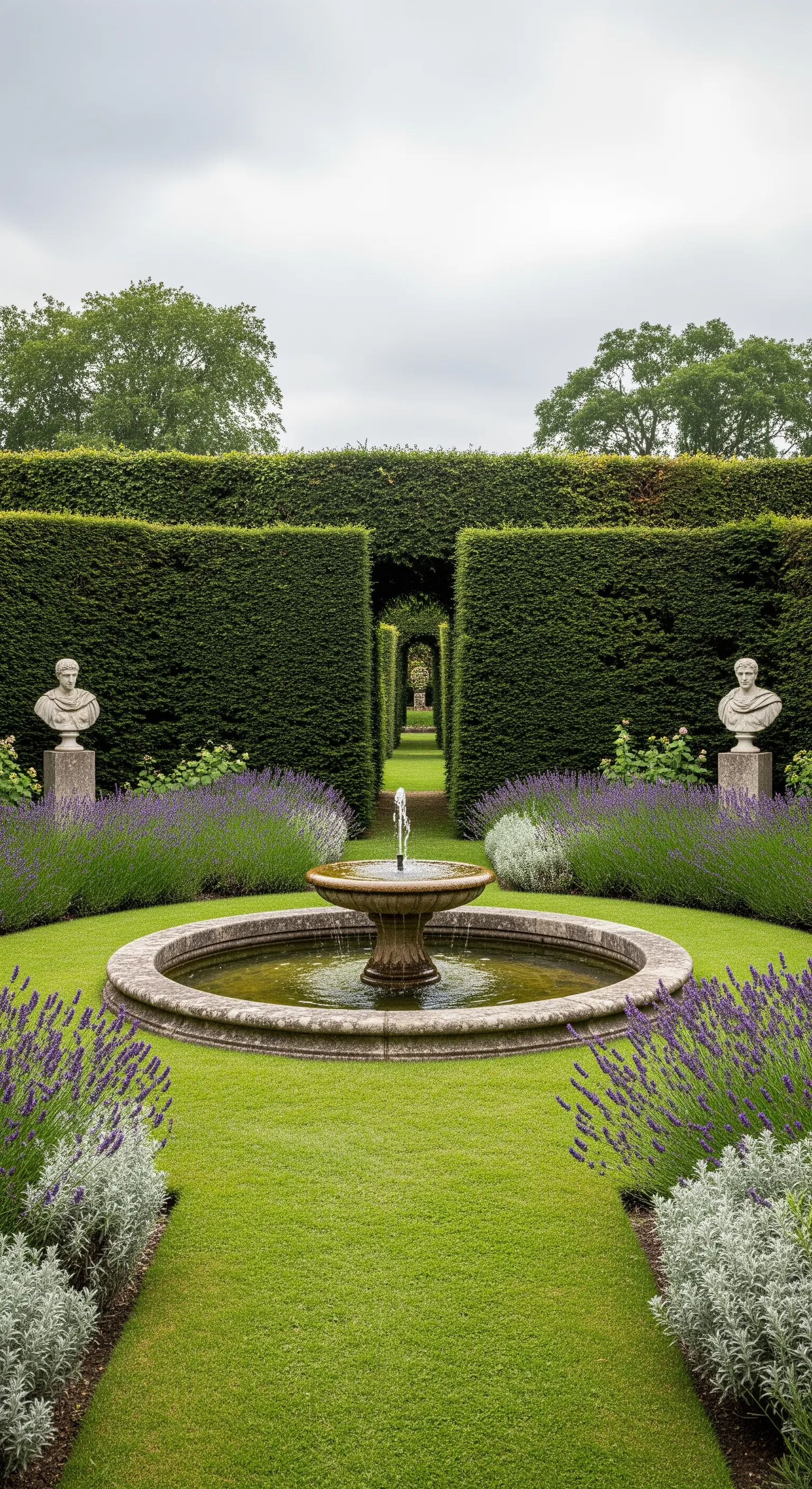Giardino con fontana circolare, bordure di lavanda e busti classici su piedistalli.