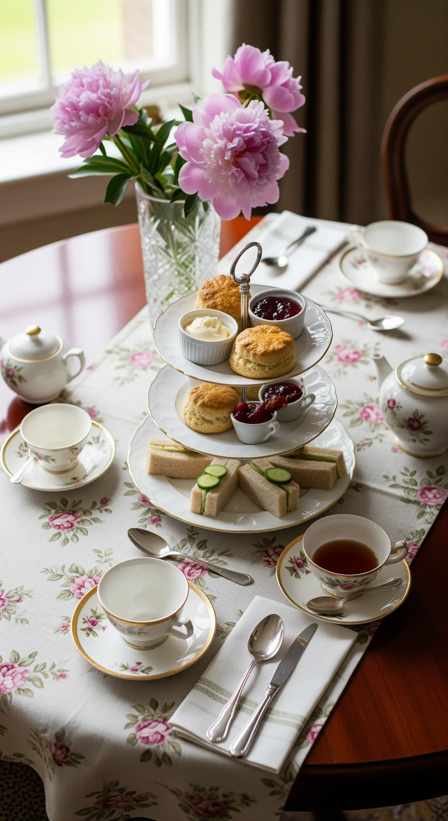 Tavola da tè inglese con runner floreale rosa, peonie fresche e alzata con scones