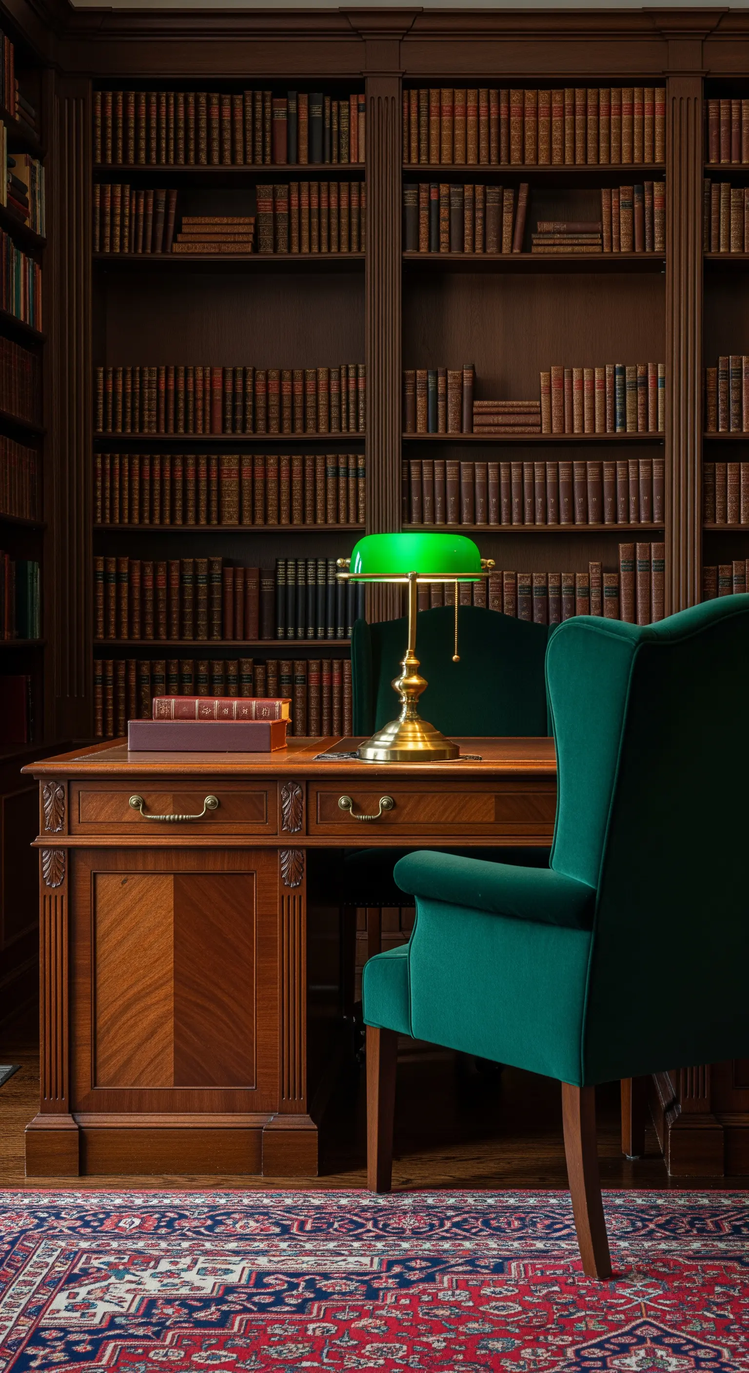 Studio classico con libreria a parete, poltrona in velluto e lampada da banchiere.