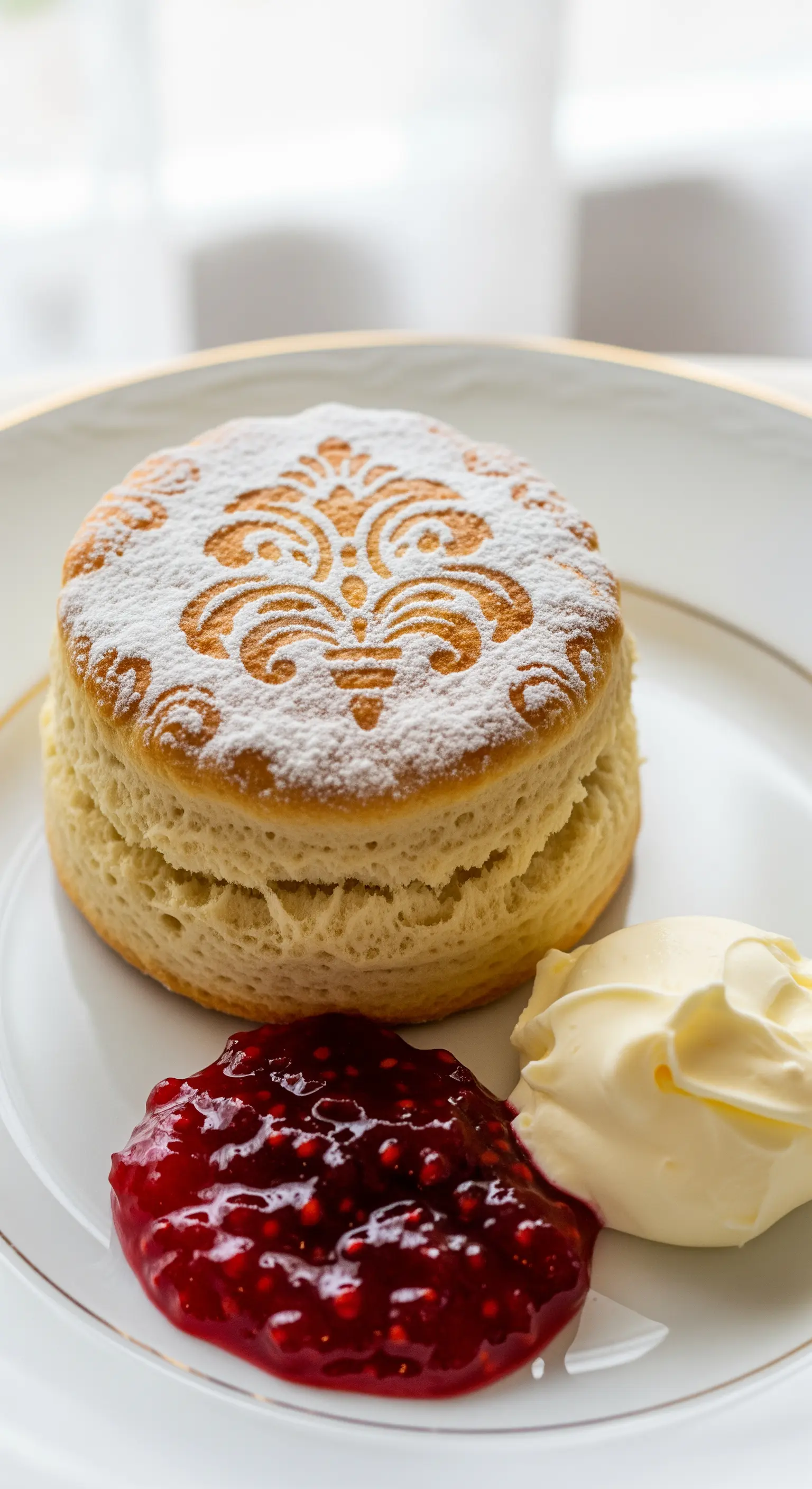 Scone decorato con un motivo damascato di zucchero a velo, servito con panna e marmellata.