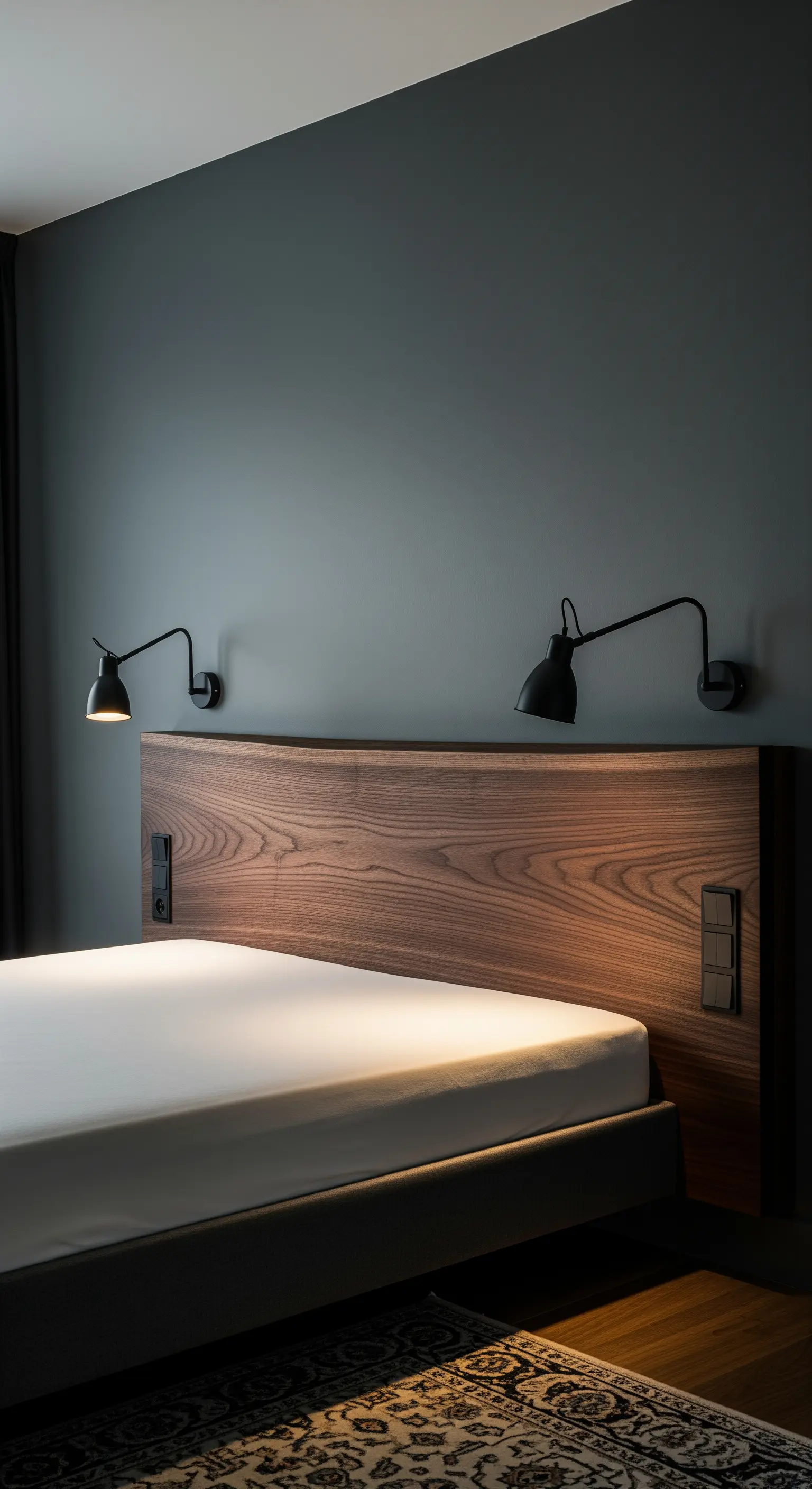 Testiera in legno scuro con lampade a muro nere orientabili su una parete grigia.