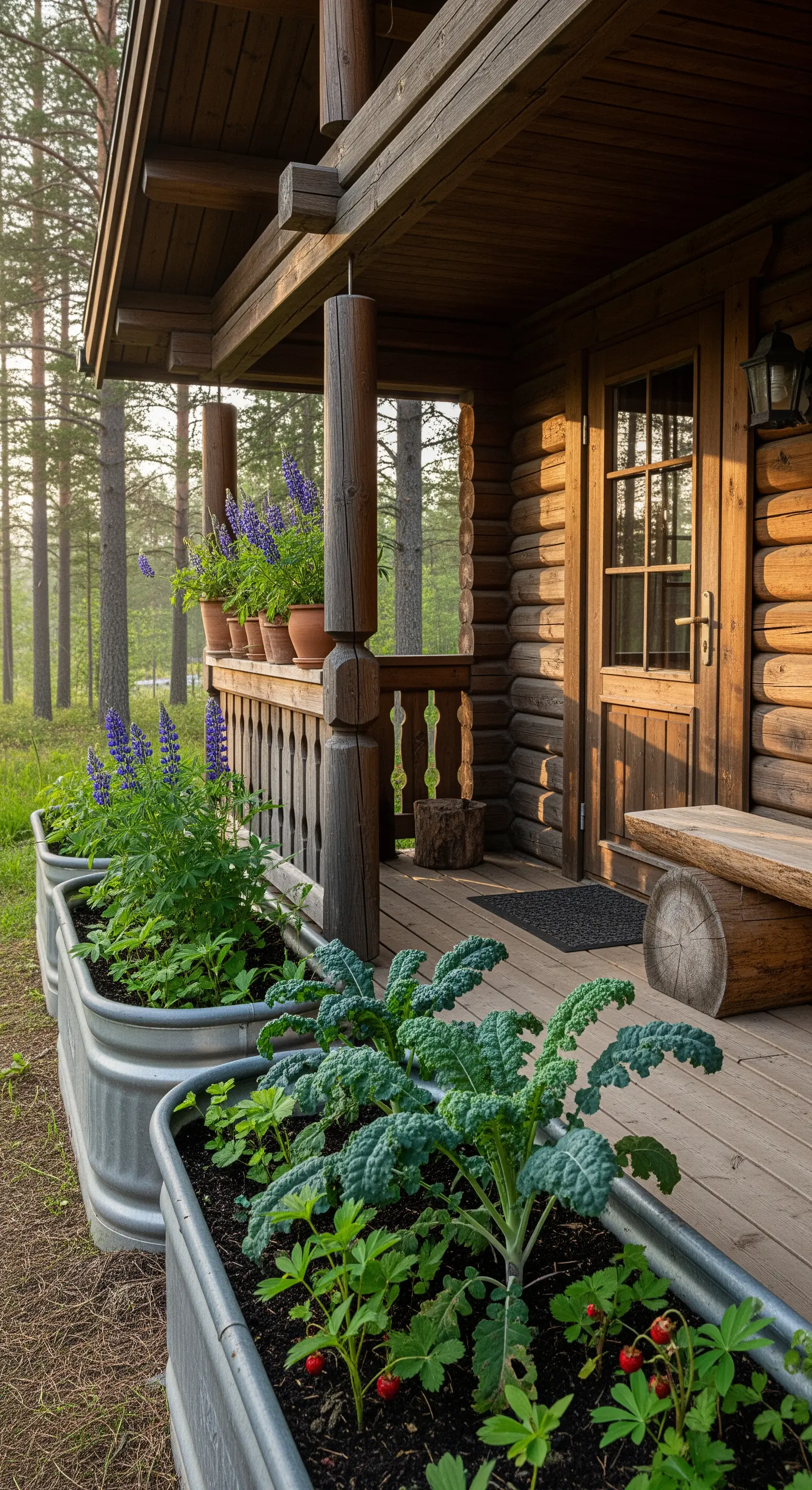 Veranda di una baita in legno con orti rialzati in metallo zincato contenenti cavoli e fragole.