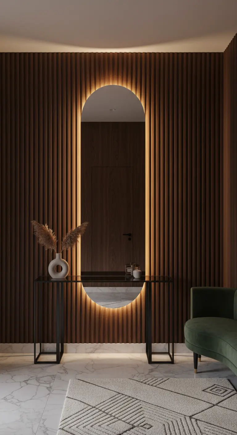 Specchio ovale a figura intera retroilluminato contro una parete di listelli di legno scuro.
