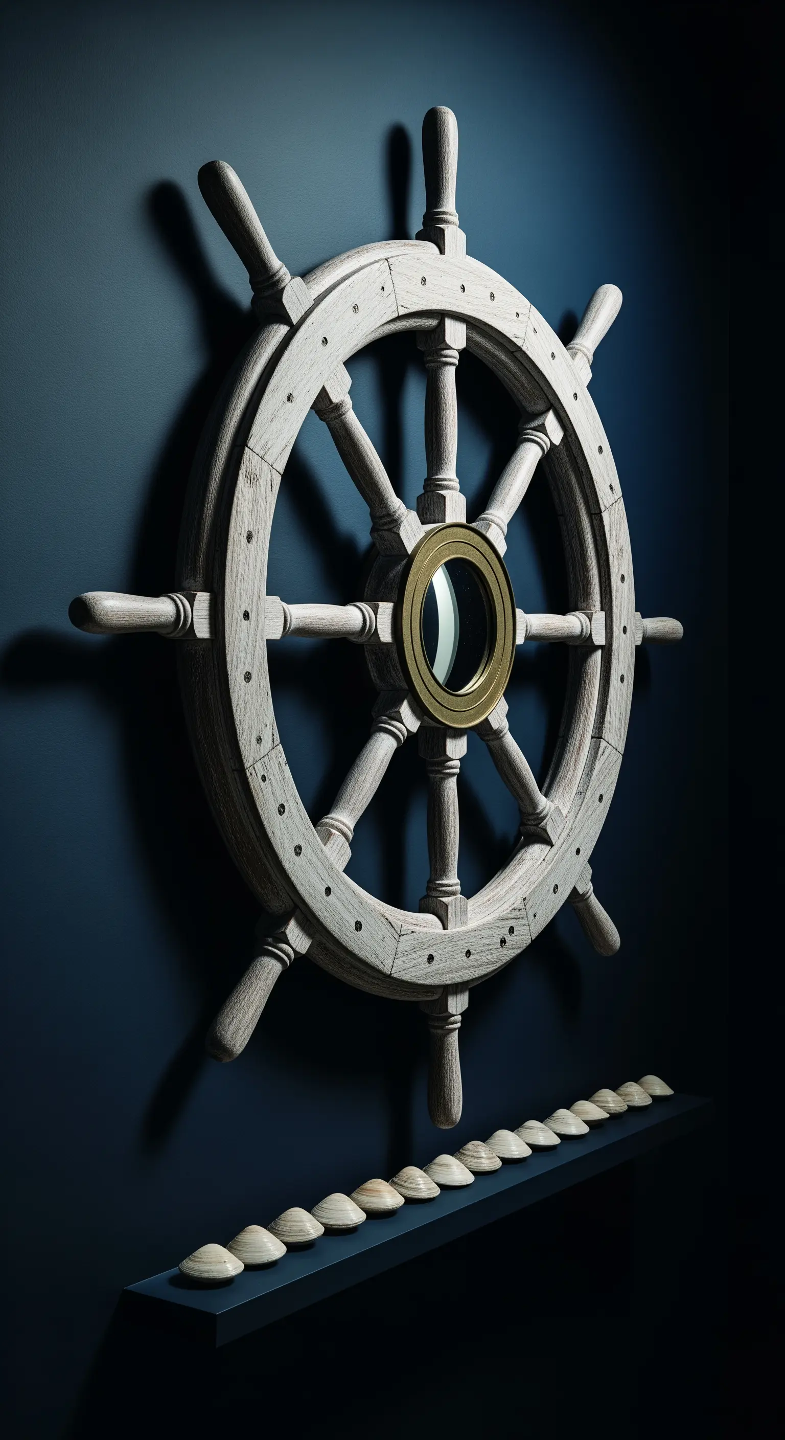 Grande timone di una nave in legno sbiancato appeso a una parete blu notte.