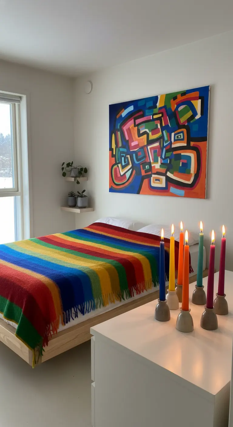 Camera da letto bianca con una coperta a strisce arcobaleno e un quadro astratto e colorato.