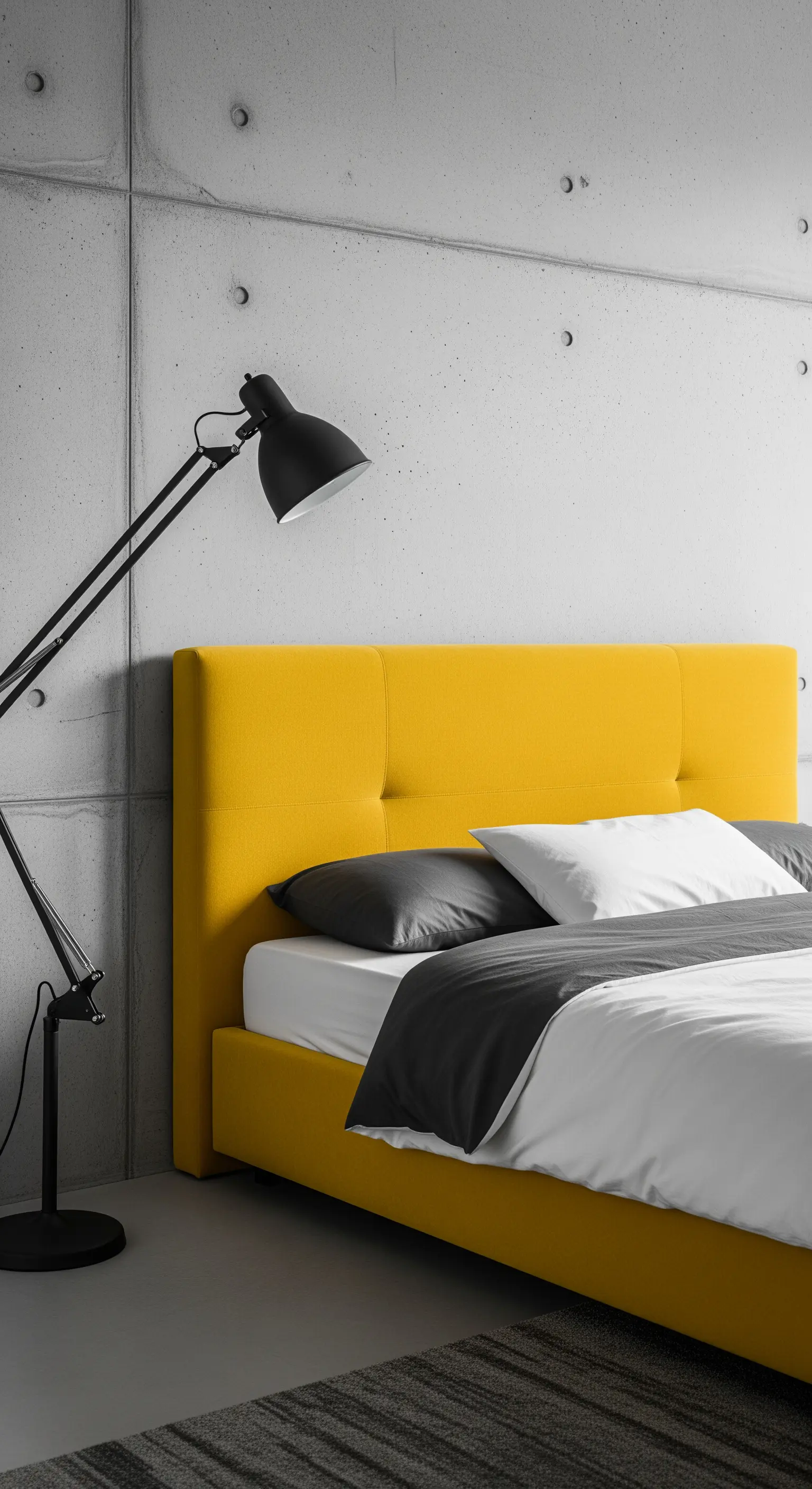 Testiera del letto imbottita di un giallo brillante contro una parete di cemento a vista.
