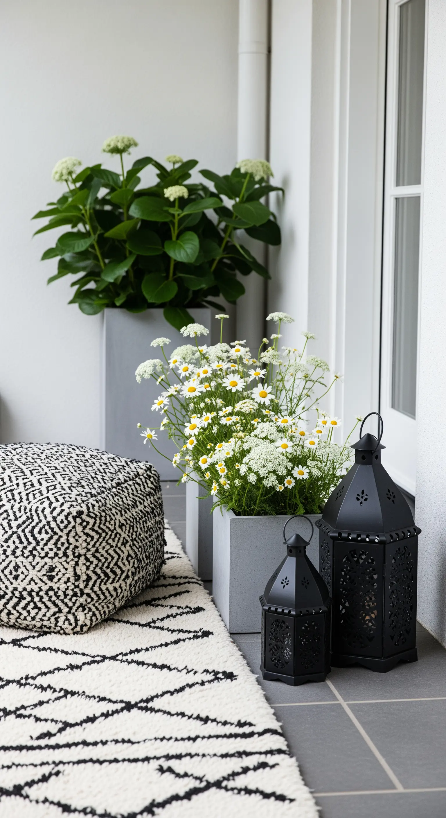 Angolo di un balcone moderno con tappeto e pouf in bianco e nero e lanterne nere.