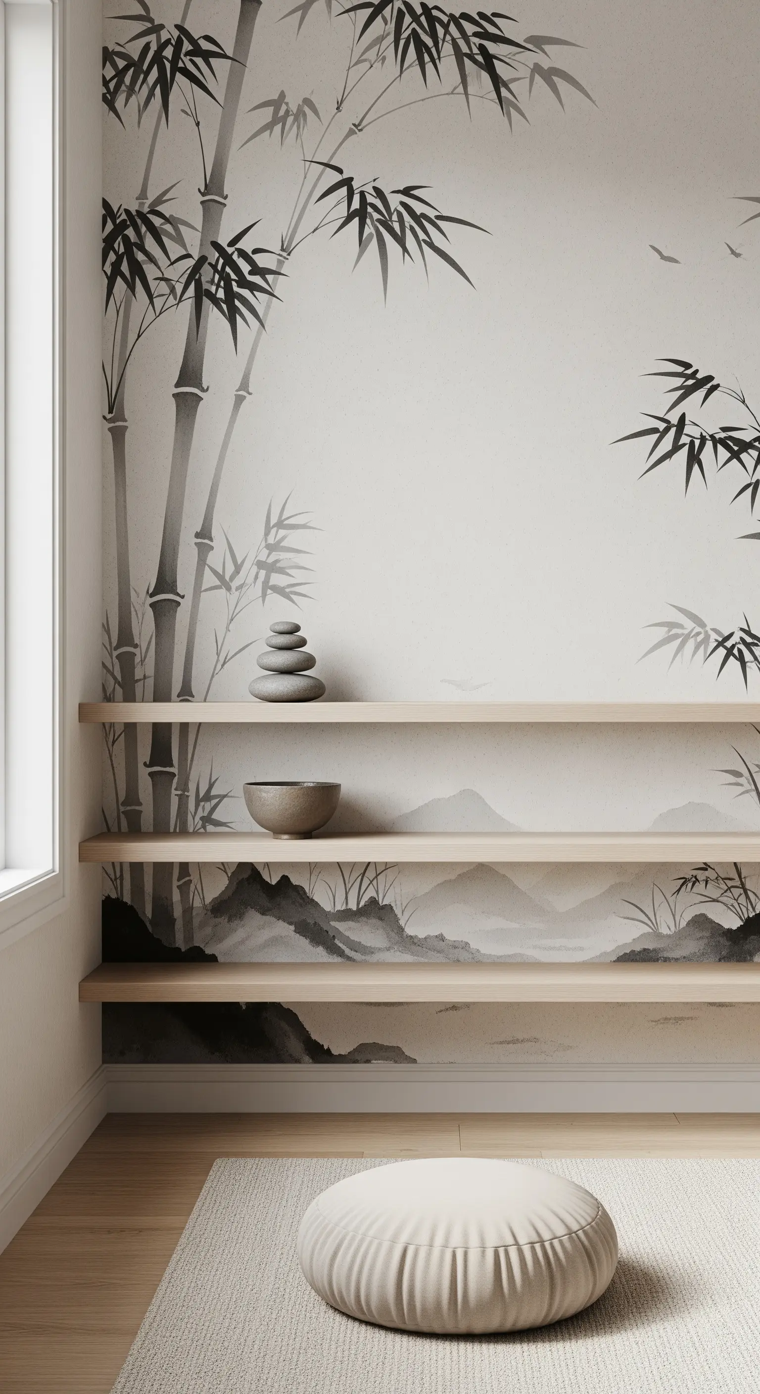 Angolo meditazione con murale di bambù in stile giapponese e mensole in legno chiaro.