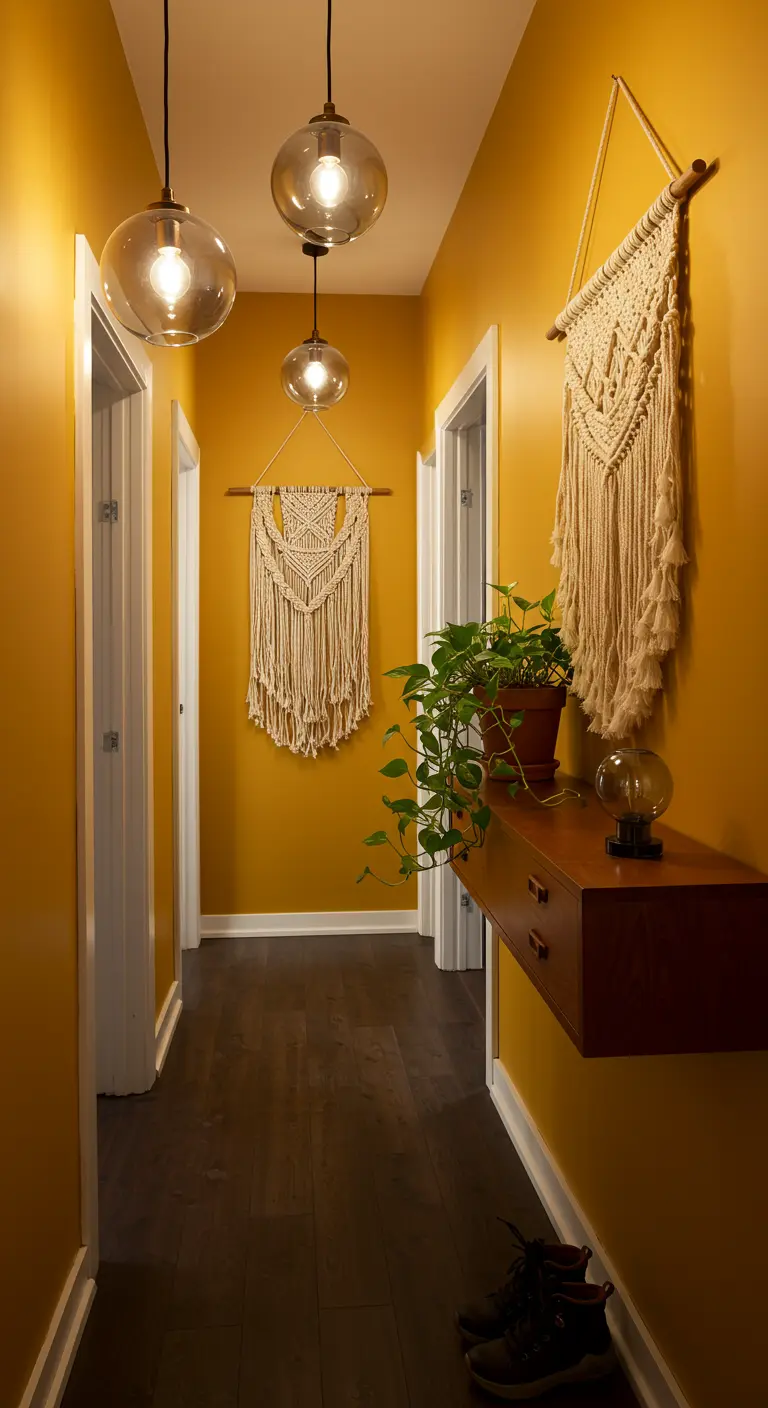 Corridoio giallo senape con lampade a sospensione sferiche e decorazioni in macramè.