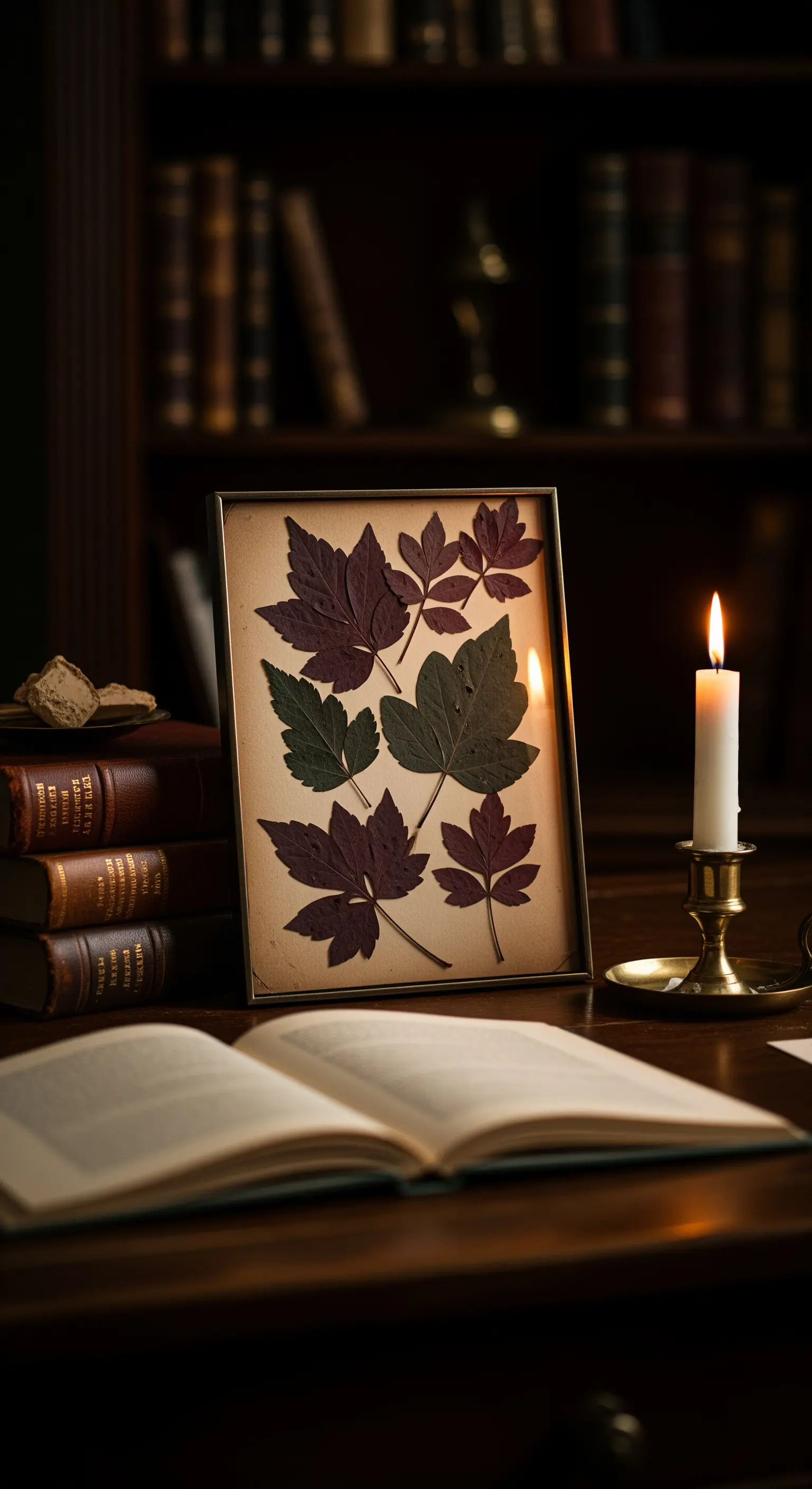 Quadro con foglie pressate dai colori scuri, illuminato da una candela su una scrivania in legno.