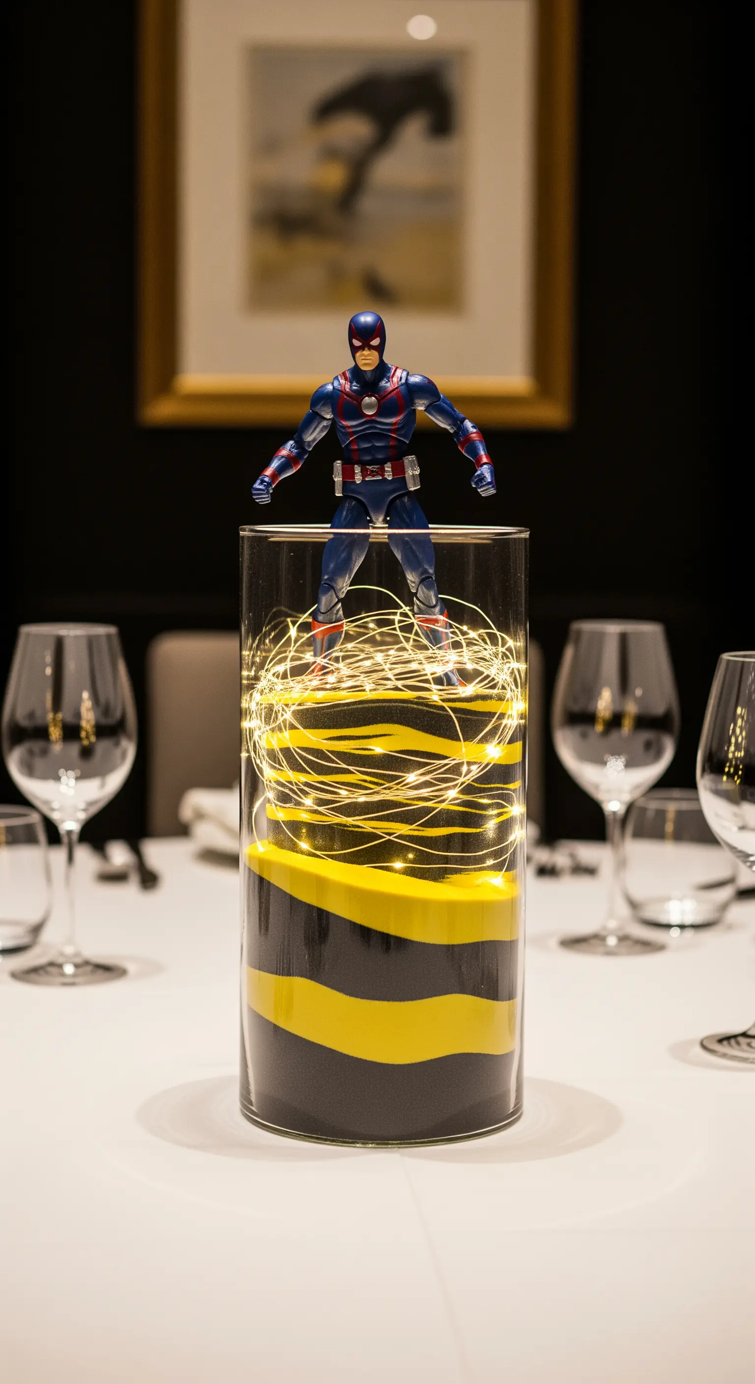 Centrotavola con action figure, sabbia colorata e lucine a LED in un vaso.
