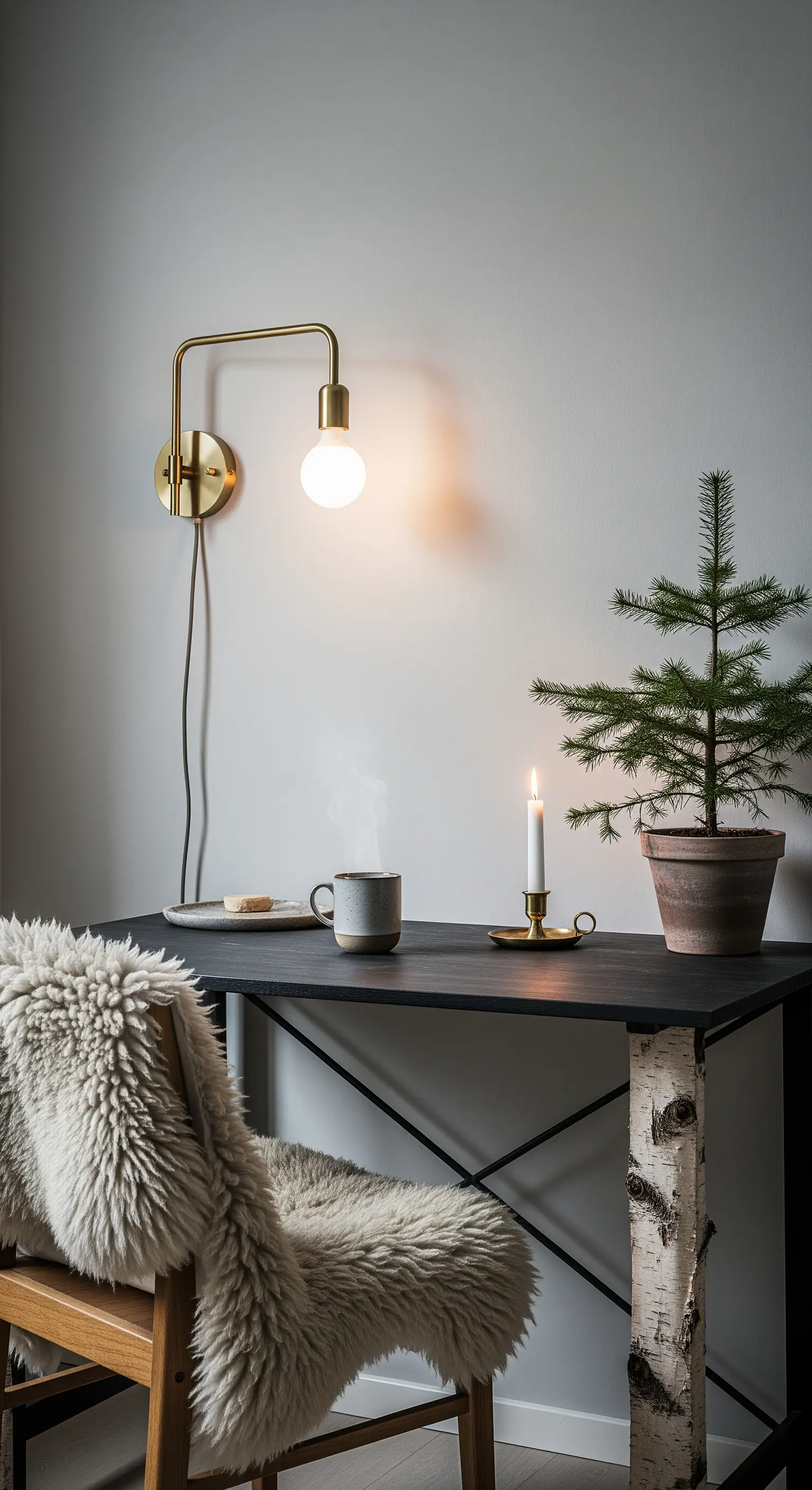Angolo studio in stile nordico con sedia coperta di pelliccia e dettagli in legno.