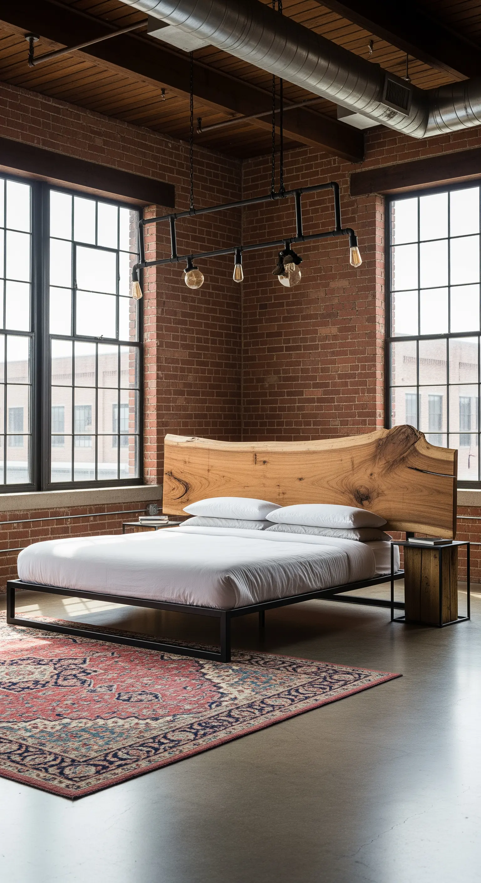 Letto in stile industriale con testiera in legno grezzo e struttura in metallo nero in un loft.