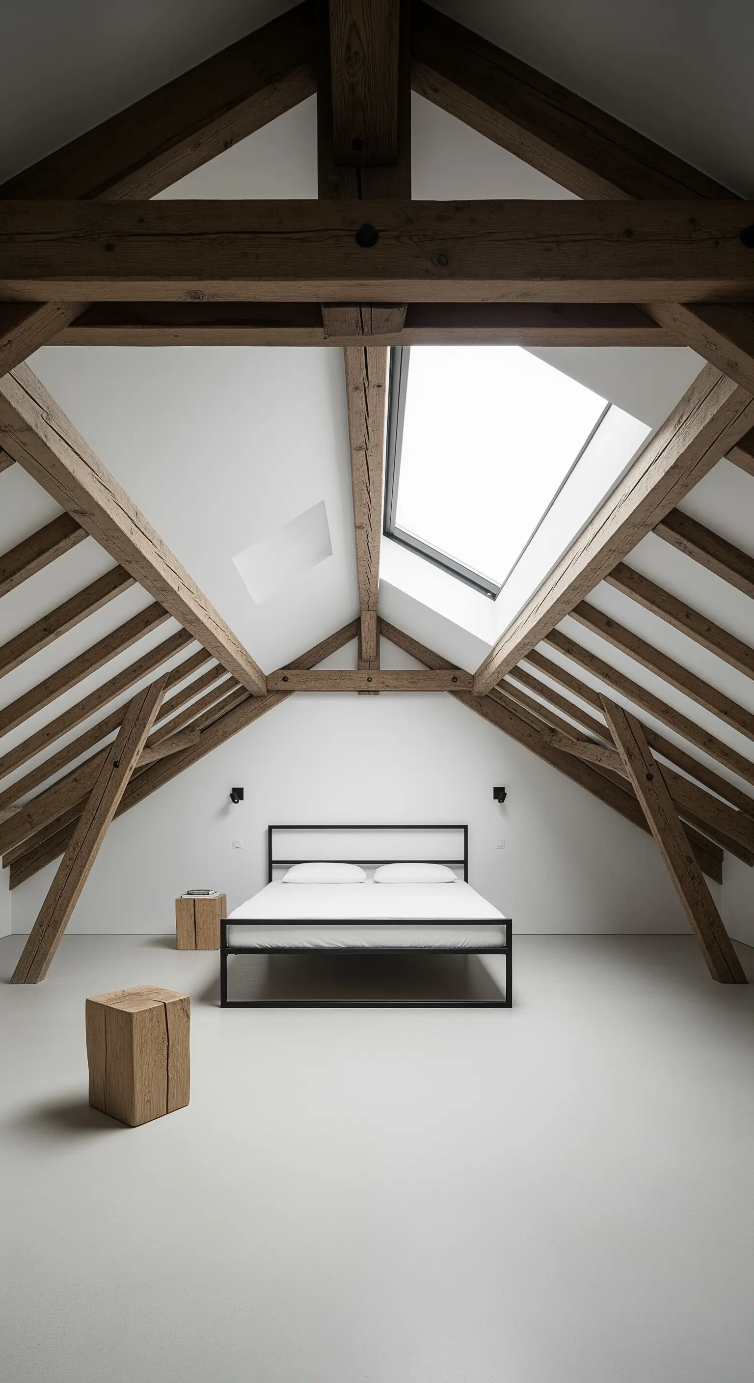 Camera da letto minimalista in mansarda con travi in legno a vista e letto in metallo nero.
