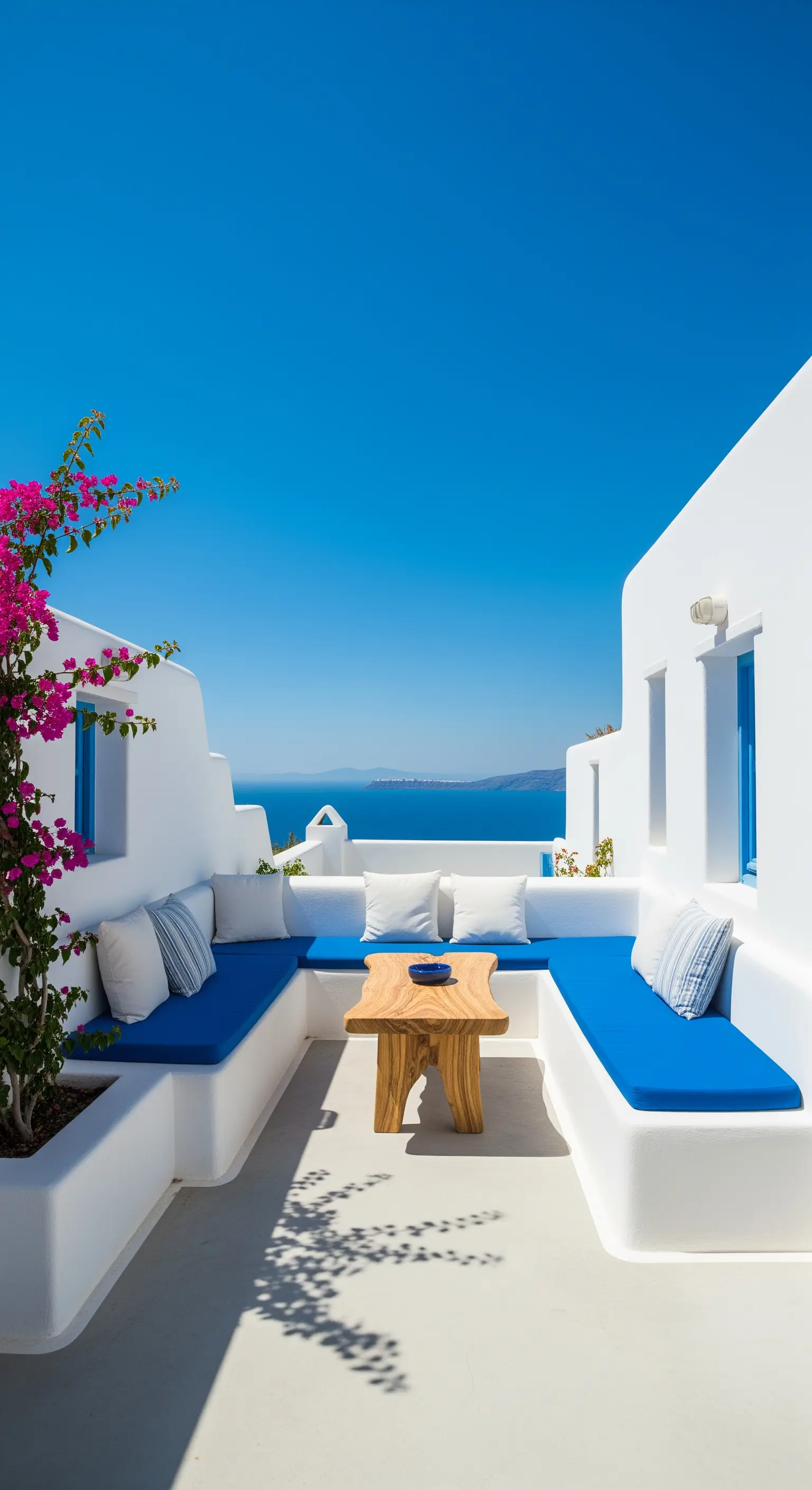 Patio bianco in stile greco con sedute in muratura, cuscini blu e vista sul mare.