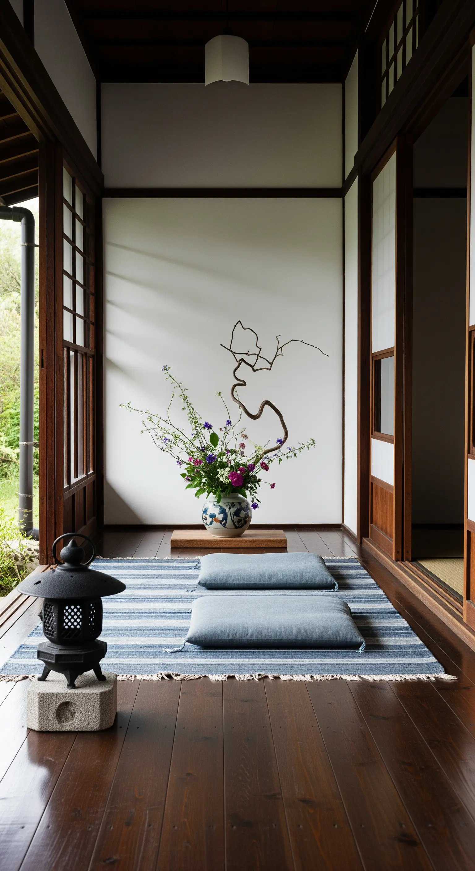 Veranda in stile giapponese con cuscini a terra, composizione Ikebana e lanterna in pietra.