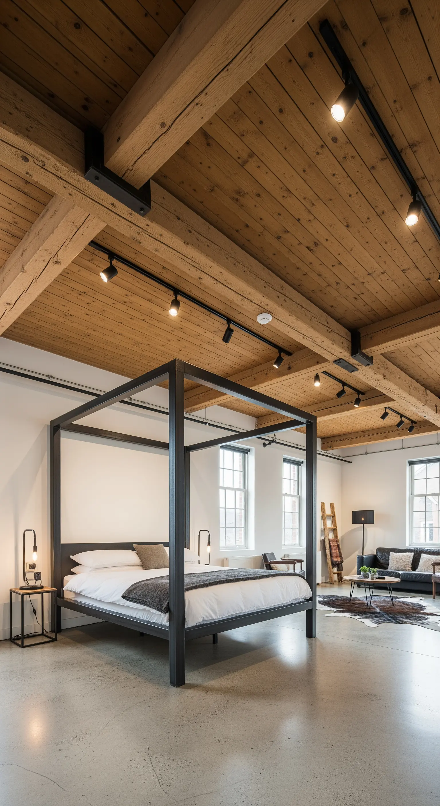 Soffitto con travi in legno e illuminazione a binario nera sopra un letto a baldacchino in metallo.