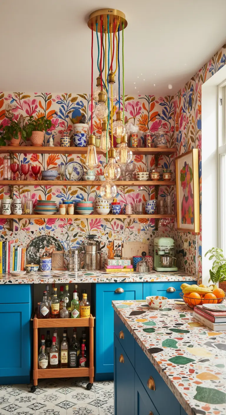 Cucina massimalista e colorata con un lampadario composto da tanti cavi colorati e lampadine a vista.