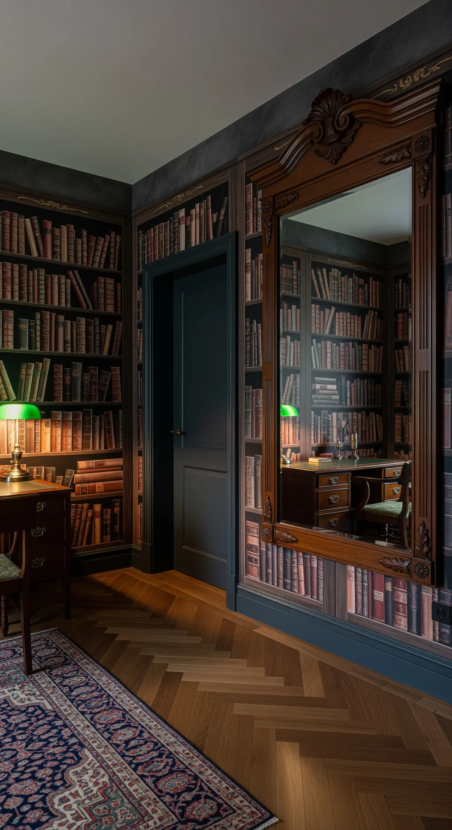 Studio con carta da parati a tema biblioteca e un grande specchio con cornice in legno.