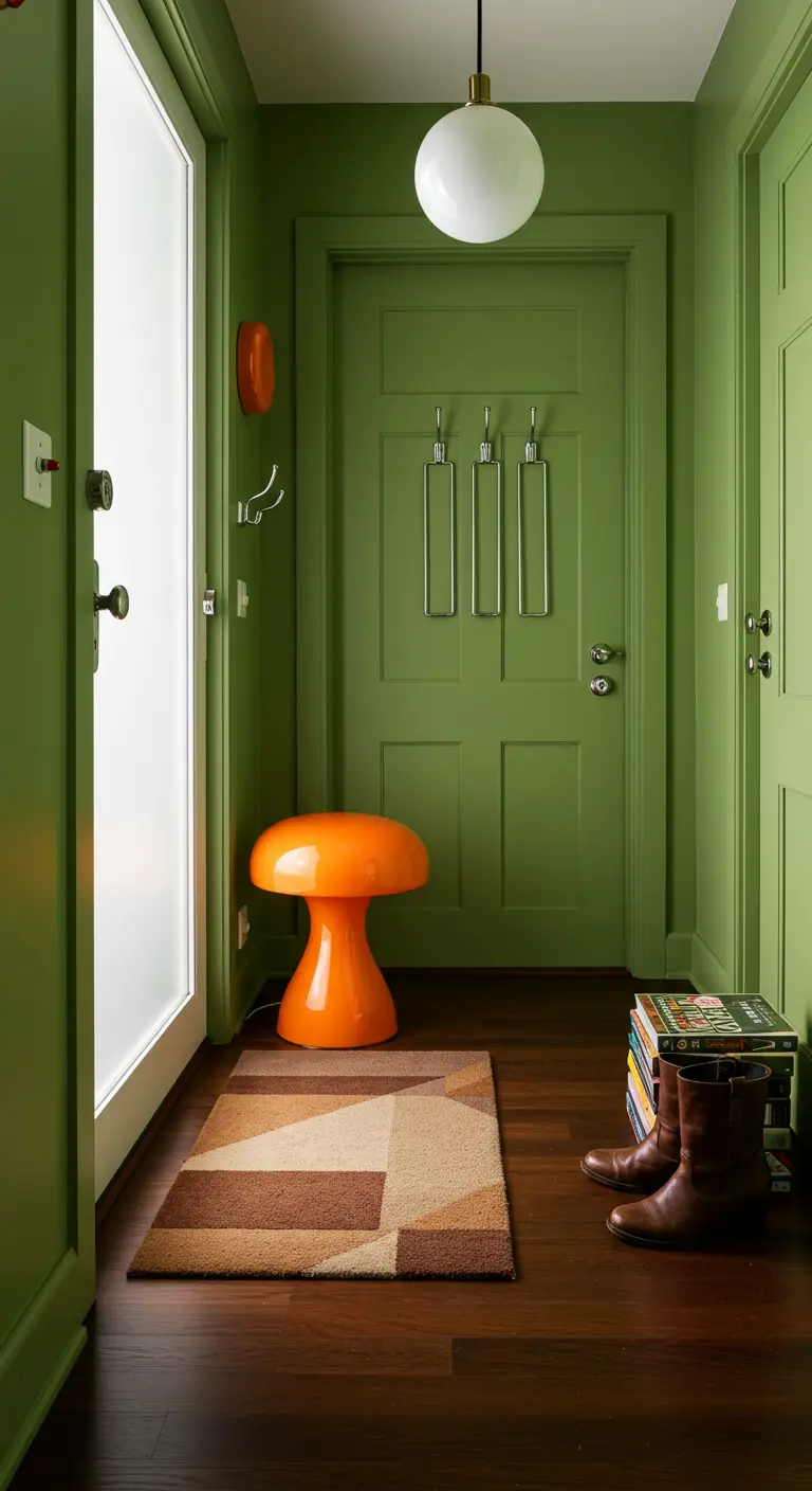 Ingresso completamente verde con uno sgabello a forma di fungo arancione e una lampada sferica.
