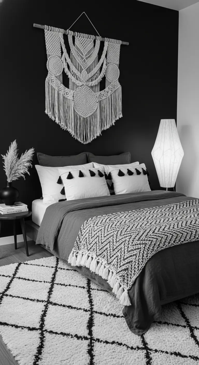 Camera da letto in bianco e nero con parete d'accento scura e arazzo in macramè.