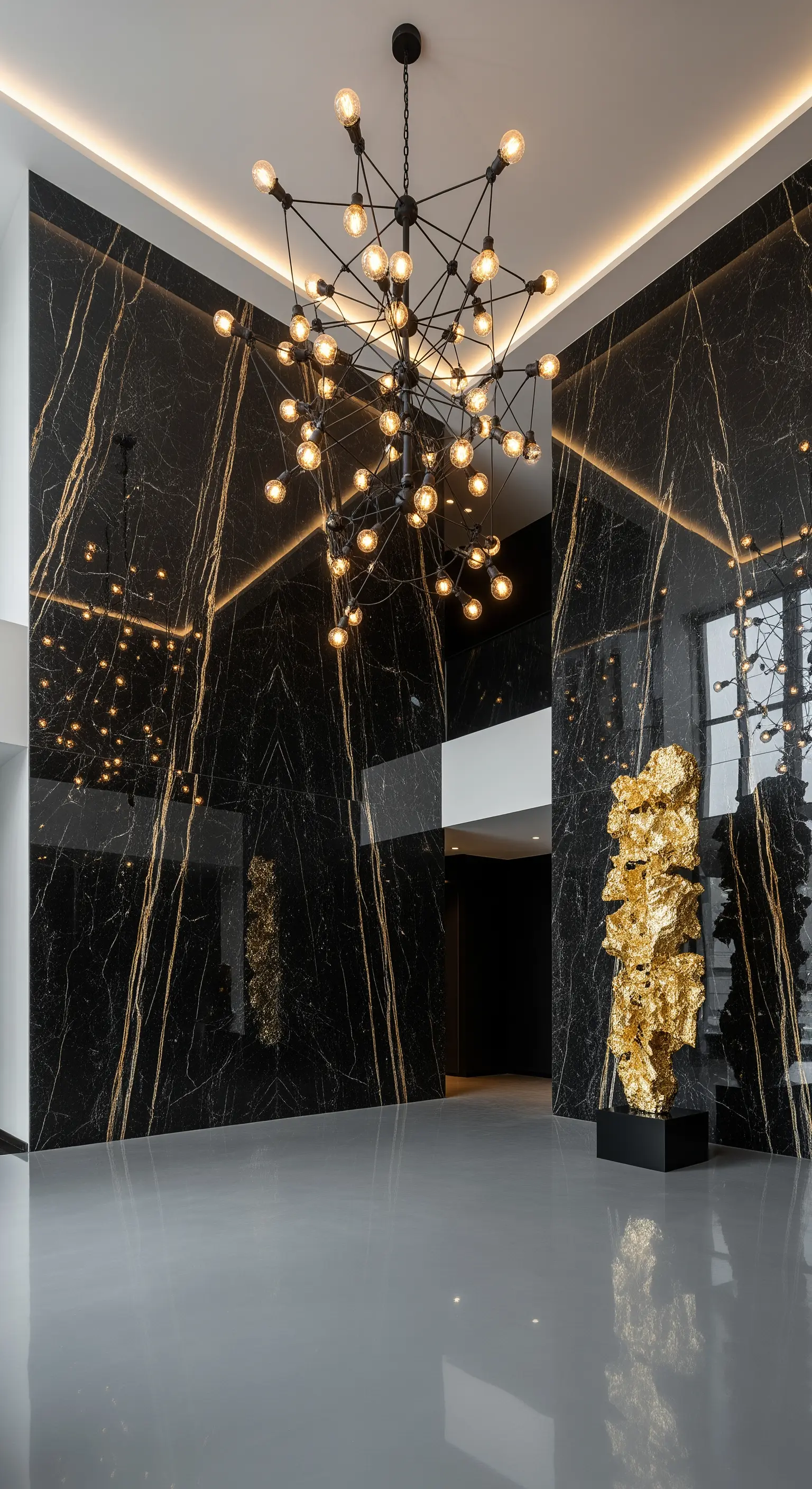 Atrio imponente con pareti in marmo nero e oro, grande lampadario e scultura dorata.