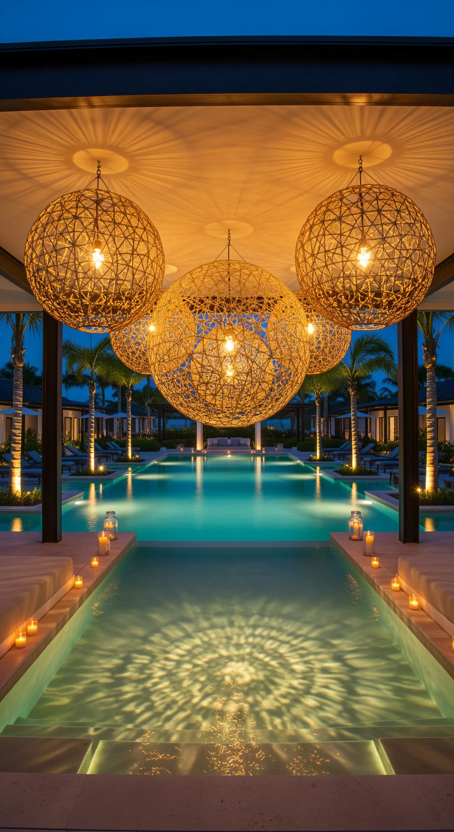 Bordo piscina di lusso con grandi lampadari sferici in fibra naturale intrecciata.
