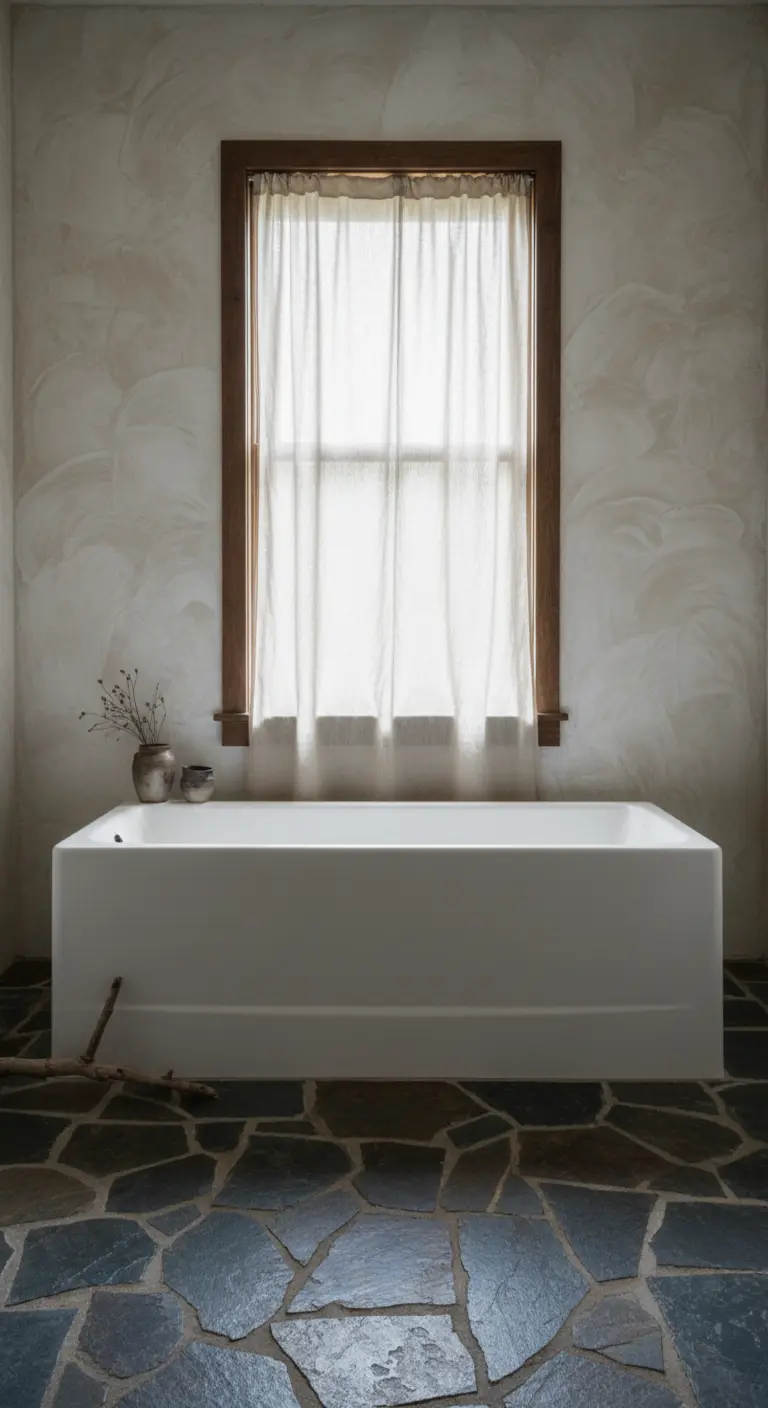 Bagno Wabi-Sabi con pareti materiche, pavimento in pietra e tenda in lino grezzo.