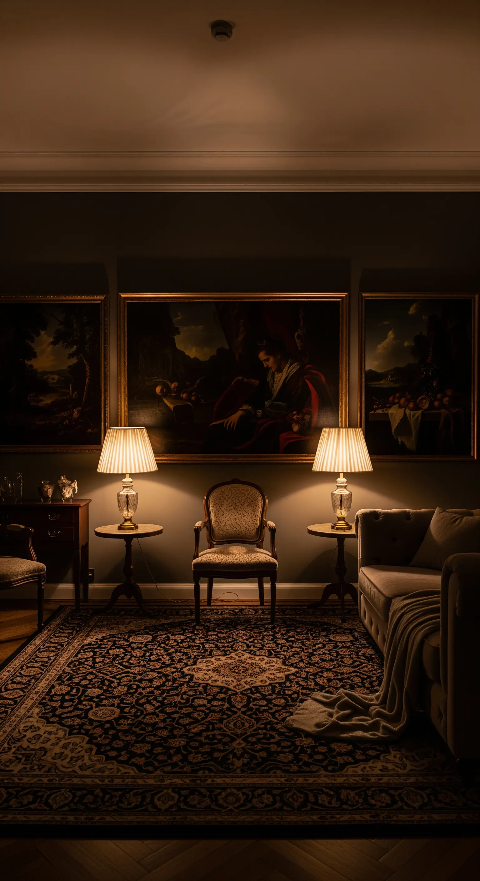Stanza scura illuminata da lampade da tavolo e luci che evidenziano i quadri.