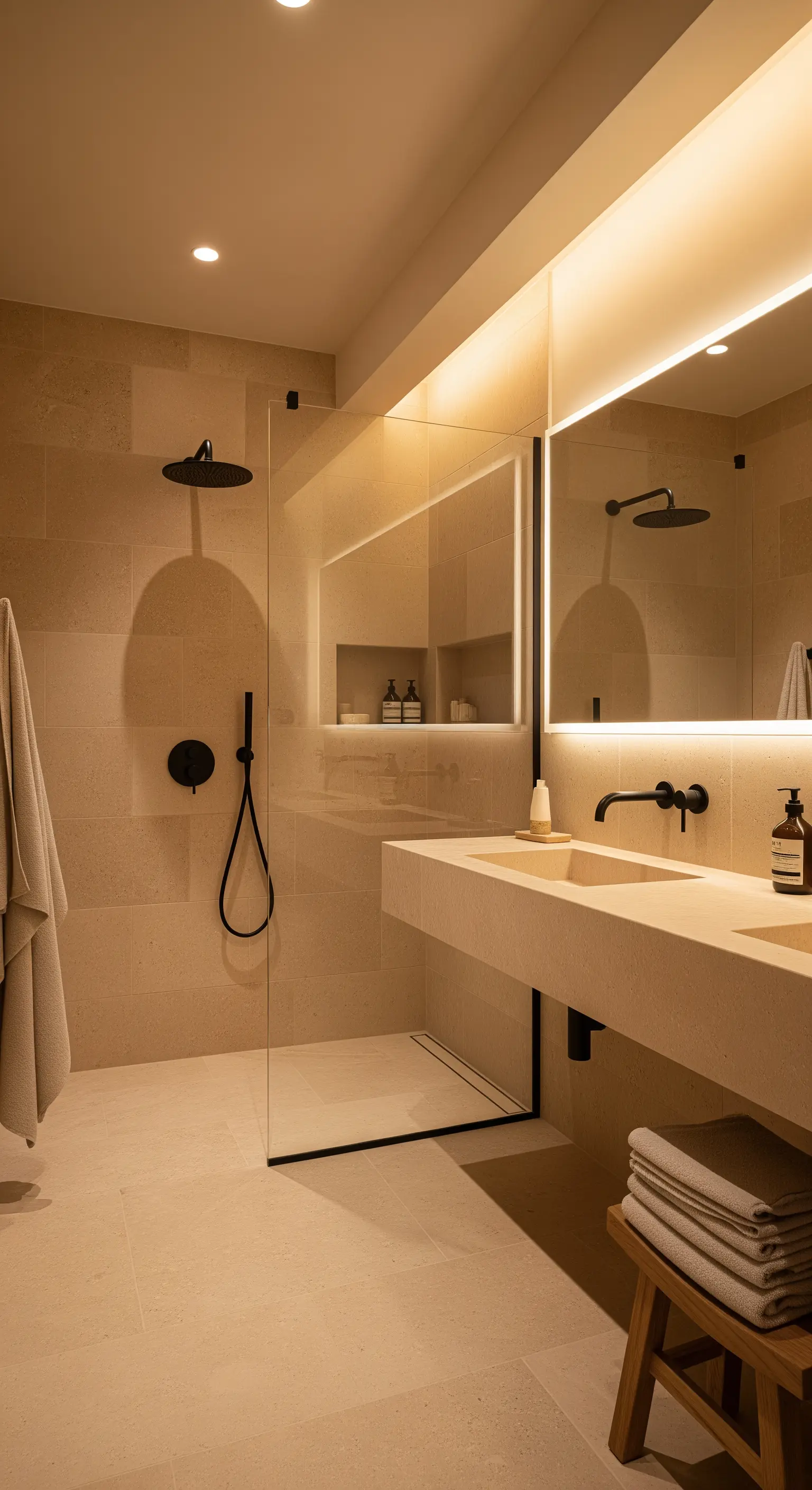Bagno con piastrelle color sabbia, specchio retroilluminato e doccia in vetro.