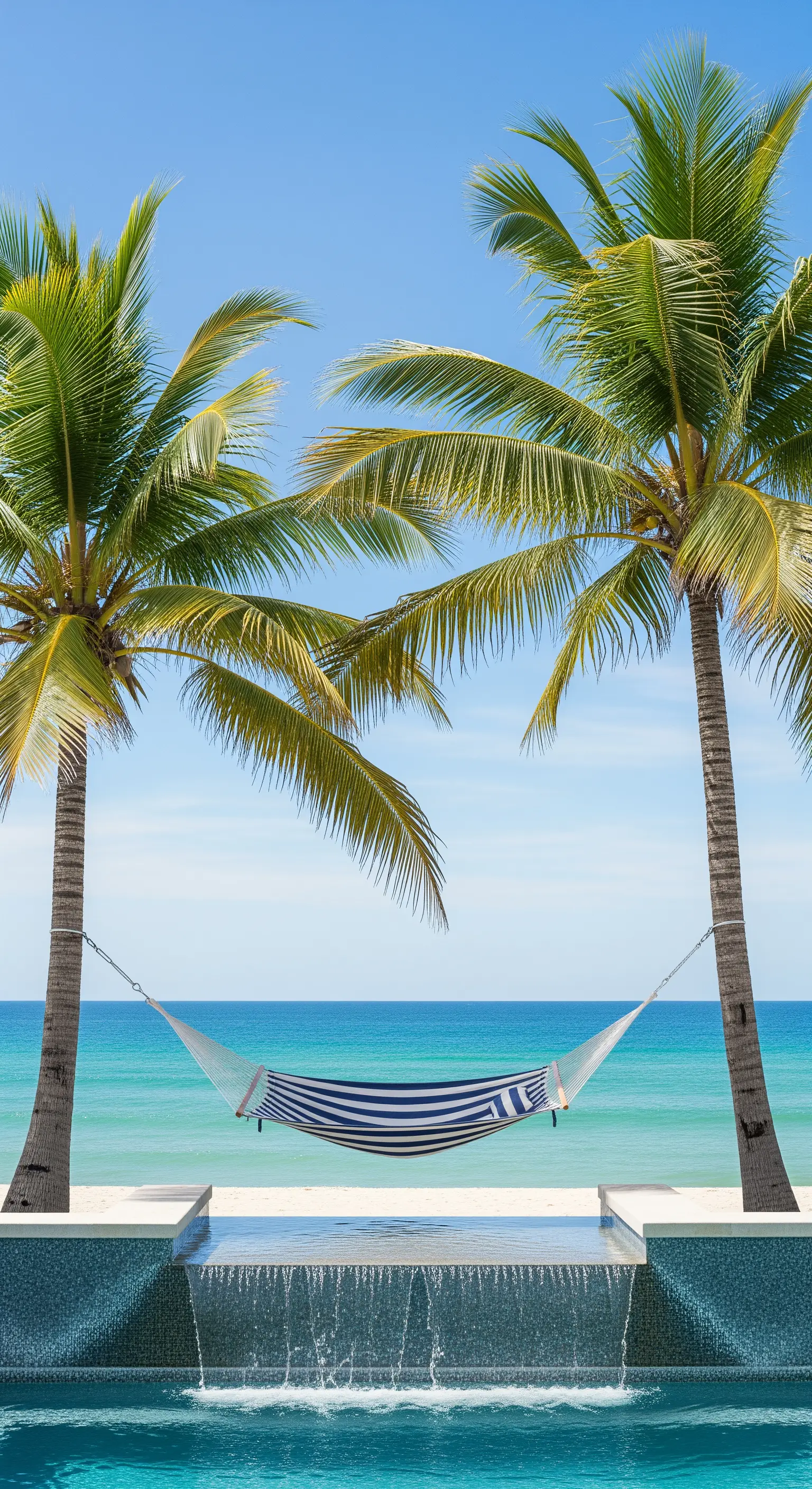 Amaca a righe bianche e blu tra due palme di fronte a una piscina a sfioro con vista sul mare