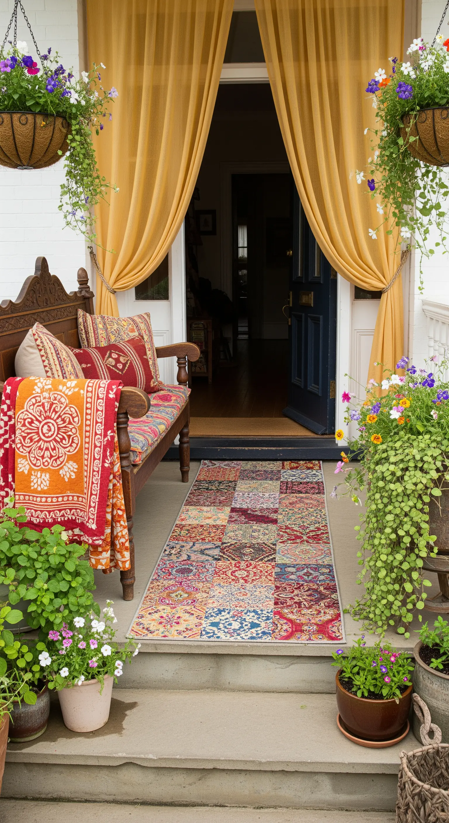Portico d'ingresso con tende color senape, panca in legno, piante e un runner patchwork.