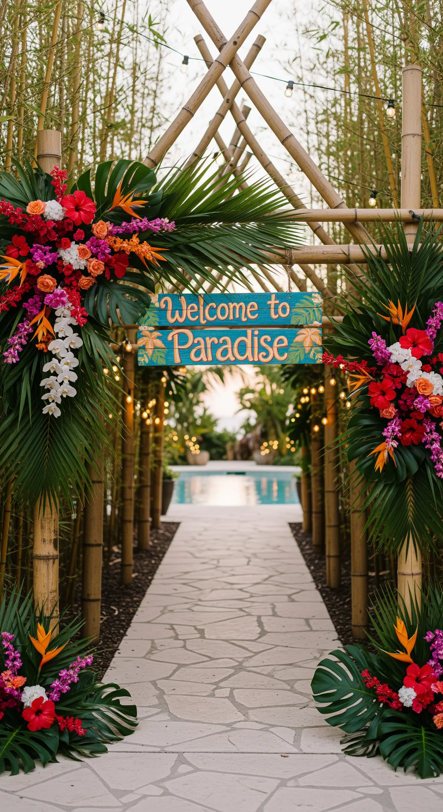 Ingresso a un party in piscina con arco di bambù, fiori tropicali e cartello