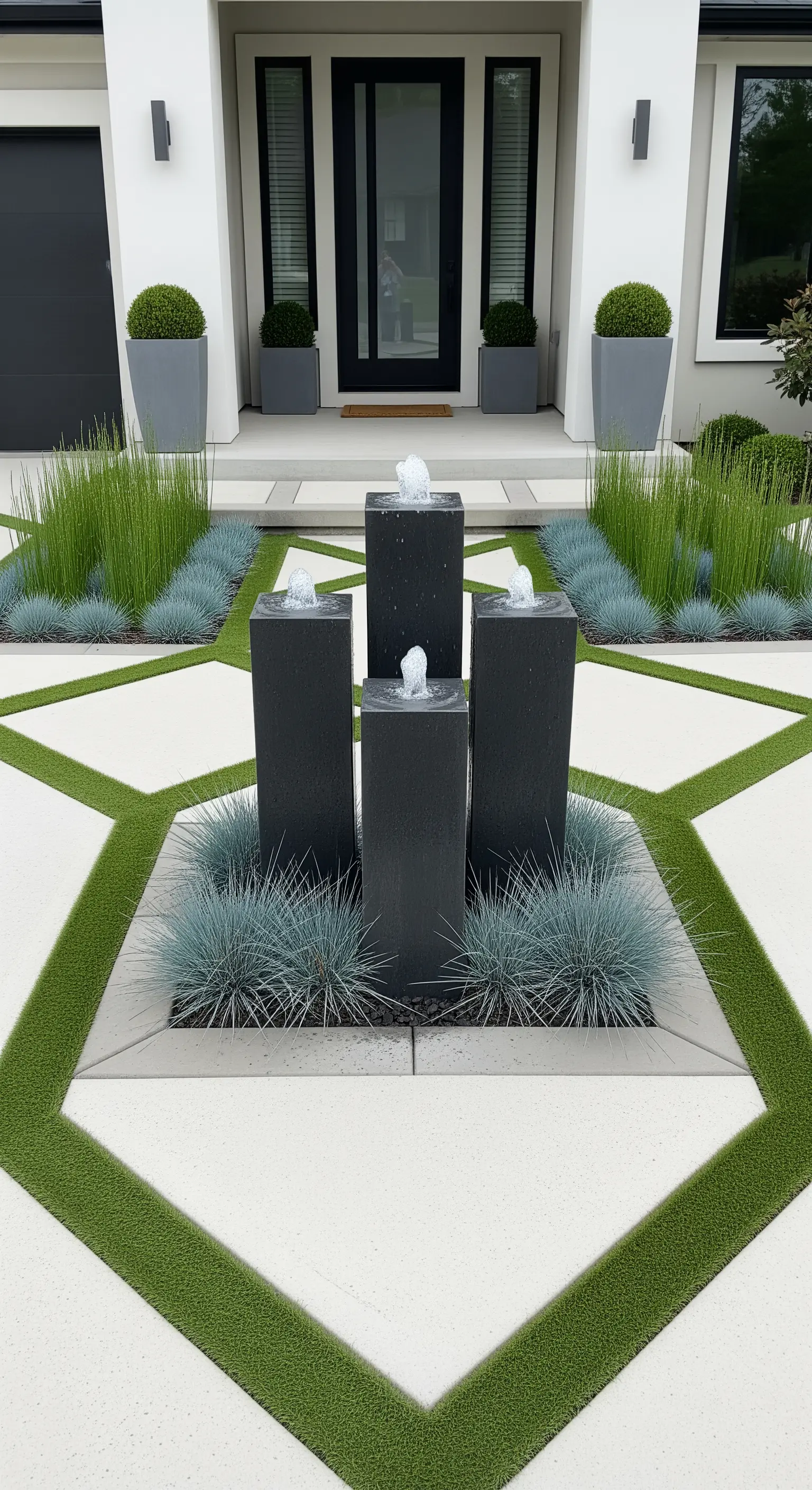 Ingresso moderno con pavimentazione geometrica in cemento ed erba, e una fontana a quattro colonne