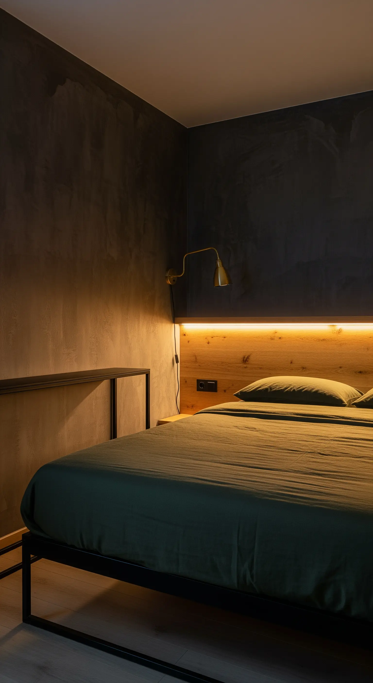 Camera da letto con pareti scure effetto cemento e luce LED calda dietro la testiera in legno.