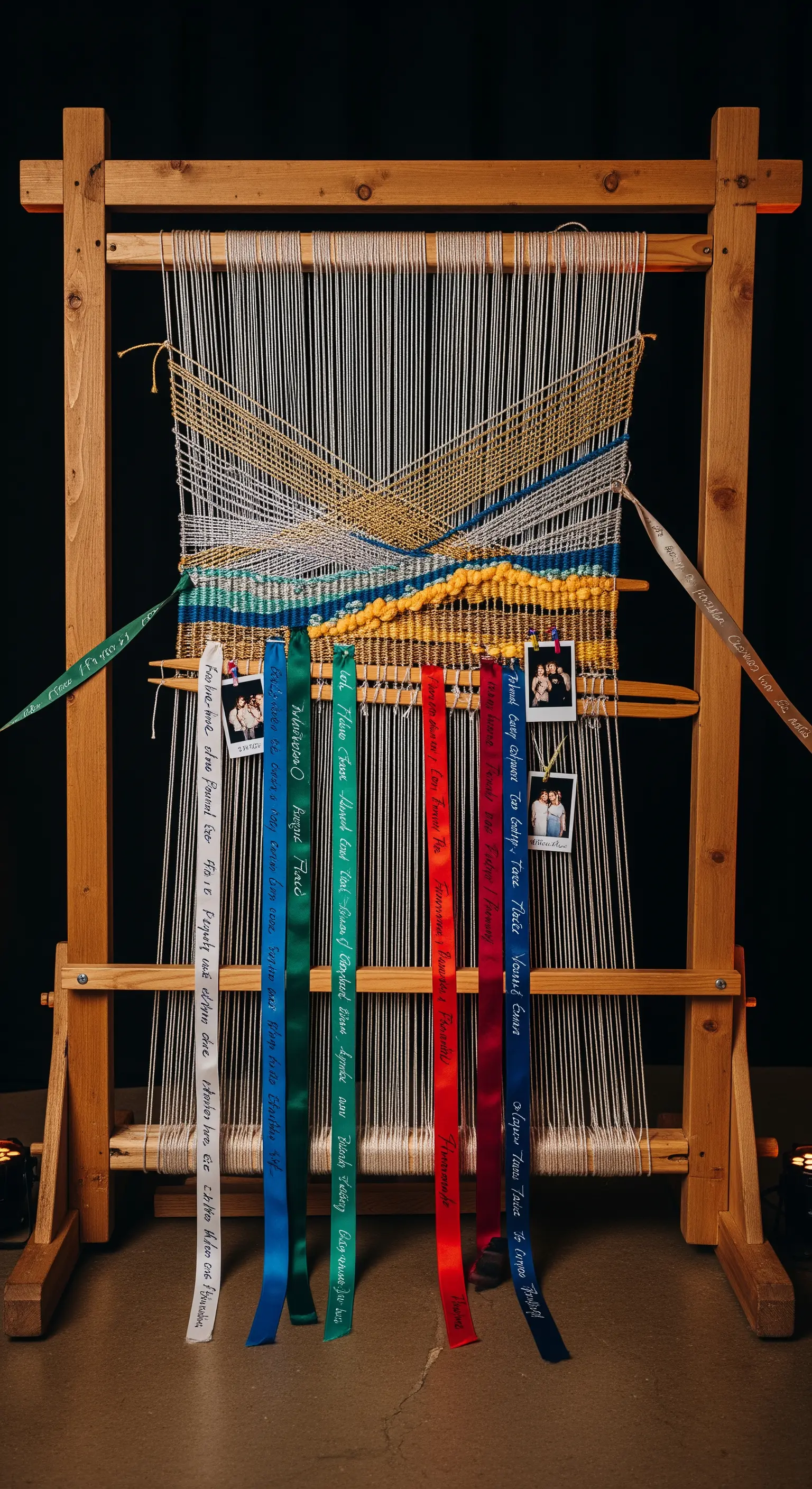 Telaio da tessitura in legno con nastri colorati intrecciati dagli ospiti e polaroid appese.