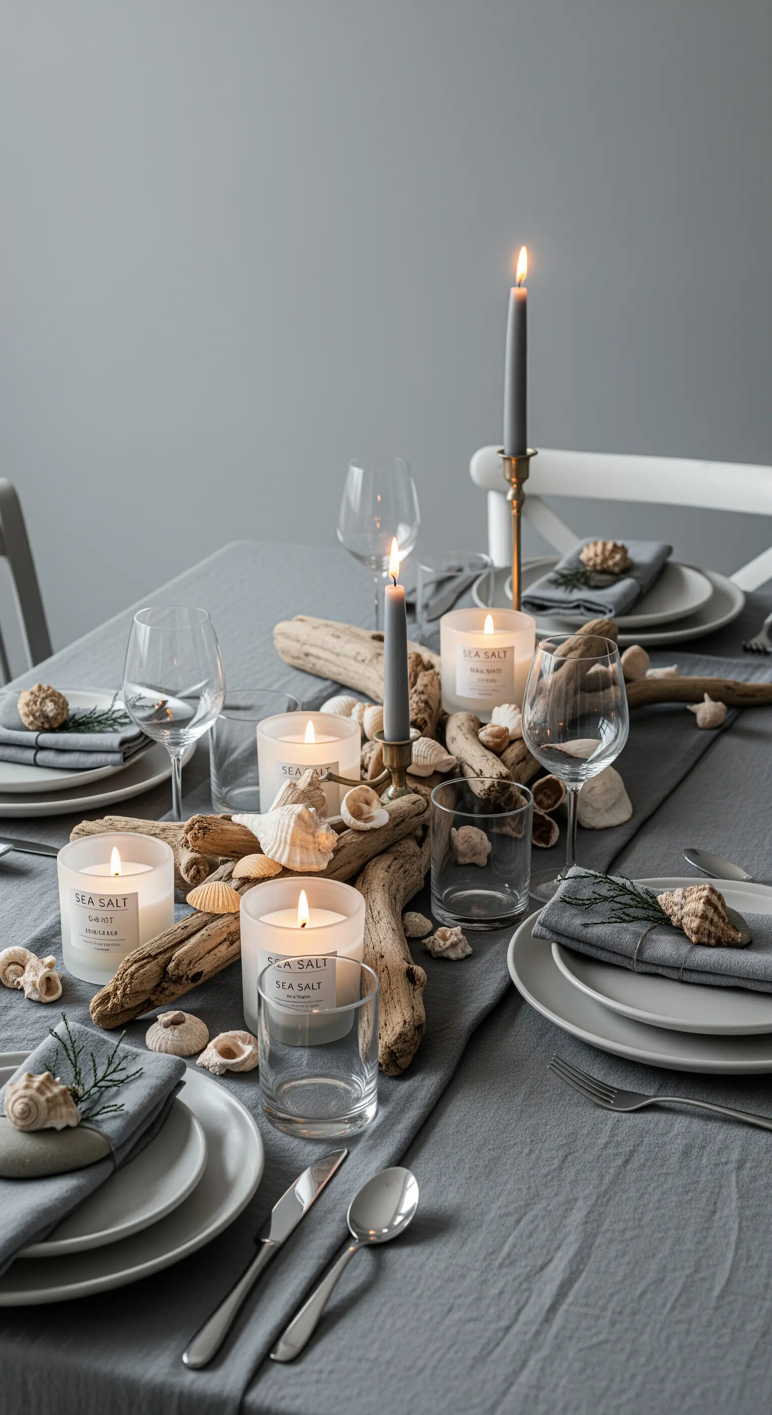 Tavola invernale in stile coastal con legni, conchiglie e candele bianche su tovaglia grigia.